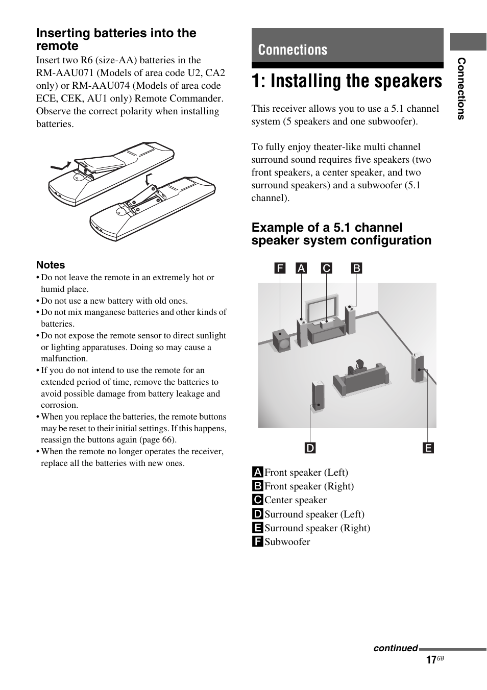 Connections, Installing the speakers, Inserting batteries into the remote | Sony STR-DH510 User Manual | Page 17 / 80