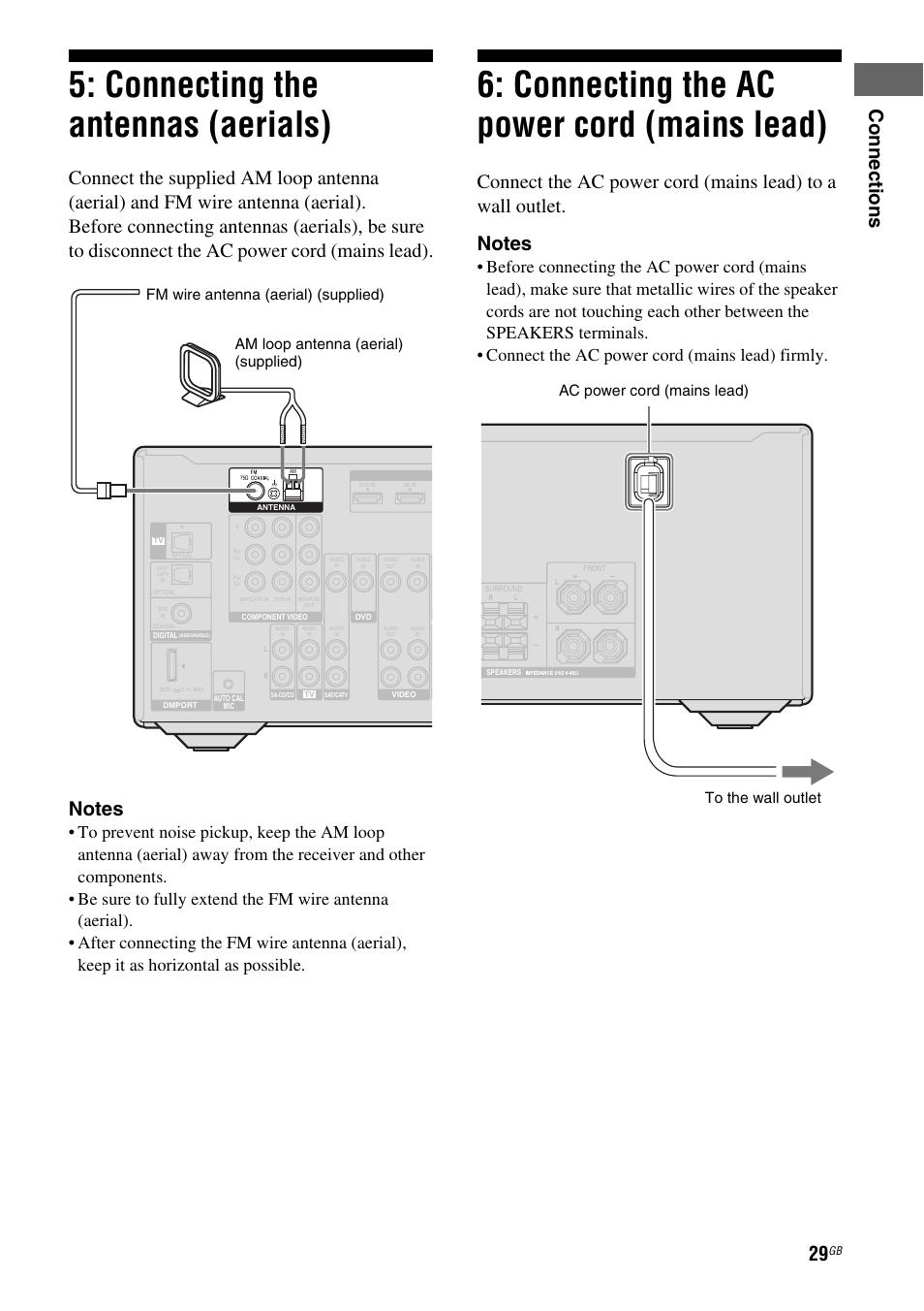 Connecting the antennas (aerials), Connecting the ac power cord (mains lead), Mains lead) | Co nn ecti on s, Ac power cord (mains lead) to the wall outlet | Sony STR-DH510 User Manual | Page 29 / 80