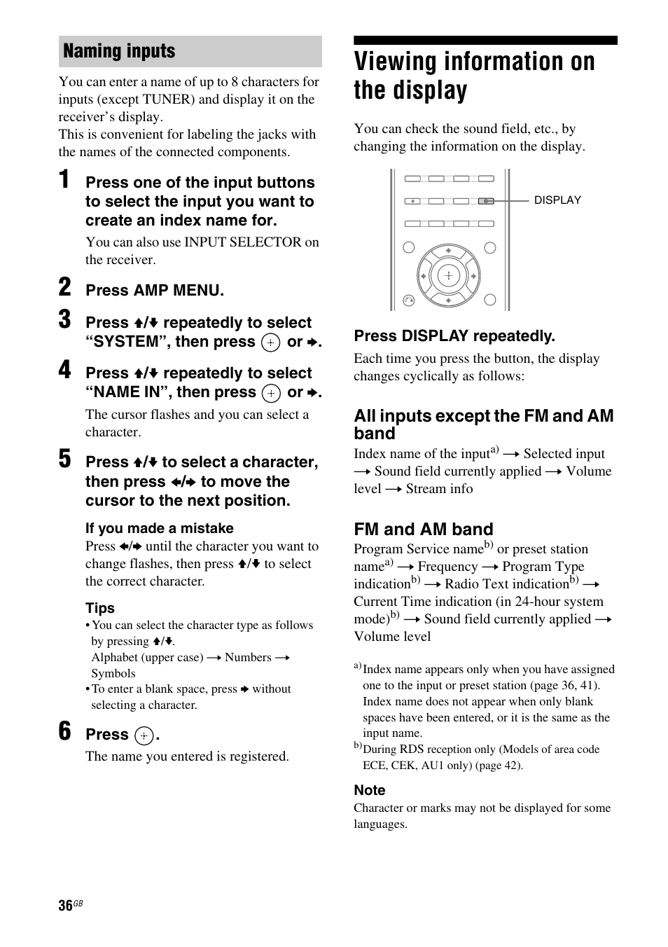 Viewing information on the display, Naming inputs | Sony STR-DH510 User Manual | Page 36 / 80