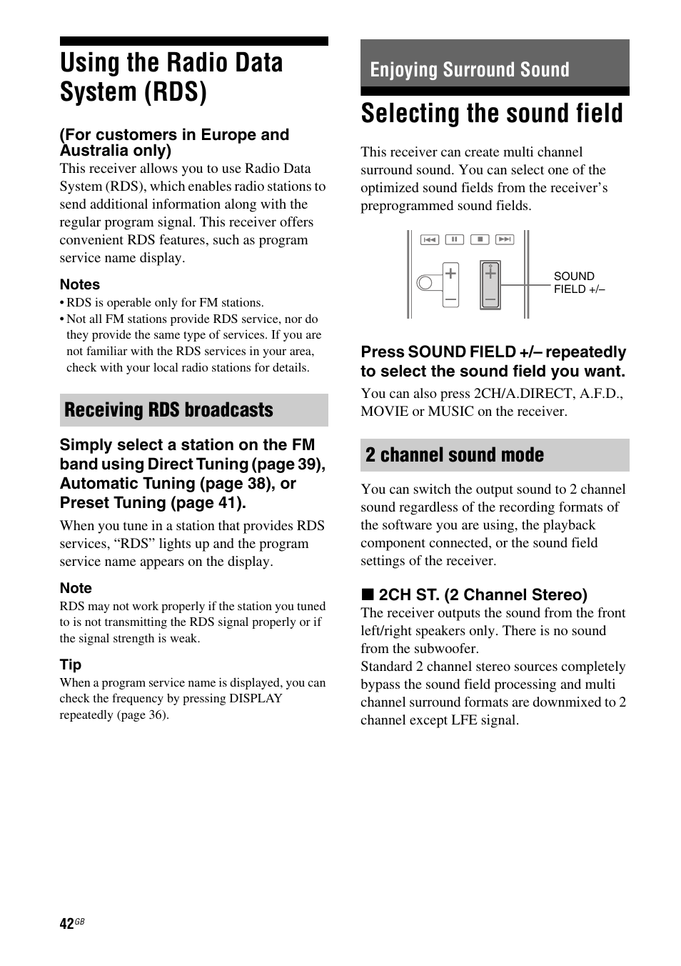 Using the radio data system (rds), Enjoying surround sound, Selecting the sound field | For customers in europe and australia only) | Sony STR-DH510 User Manual | Page 42 / 80