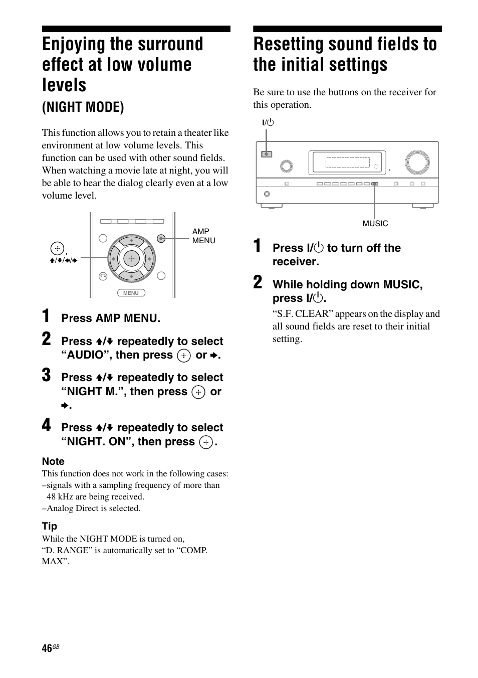 Resetting sound fields to the initial settings, Enjoying the surround effect at low, Volume levels (night mode) | Resetting sound fields to the initial, Settings, Enjoying the surround effect at low volume levels, Night mode) | Sony STR-DH510 User Manual | Page 46 / 80