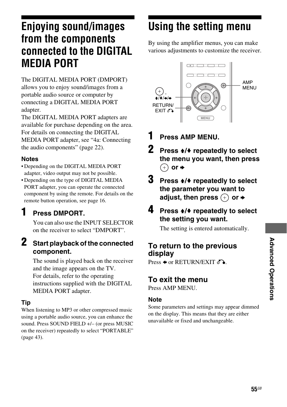 Using the setting menu, Enjoying sound/images from the, Components connected to the digital media port | Sony STR-DH510 User Manual | Page 55 / 80