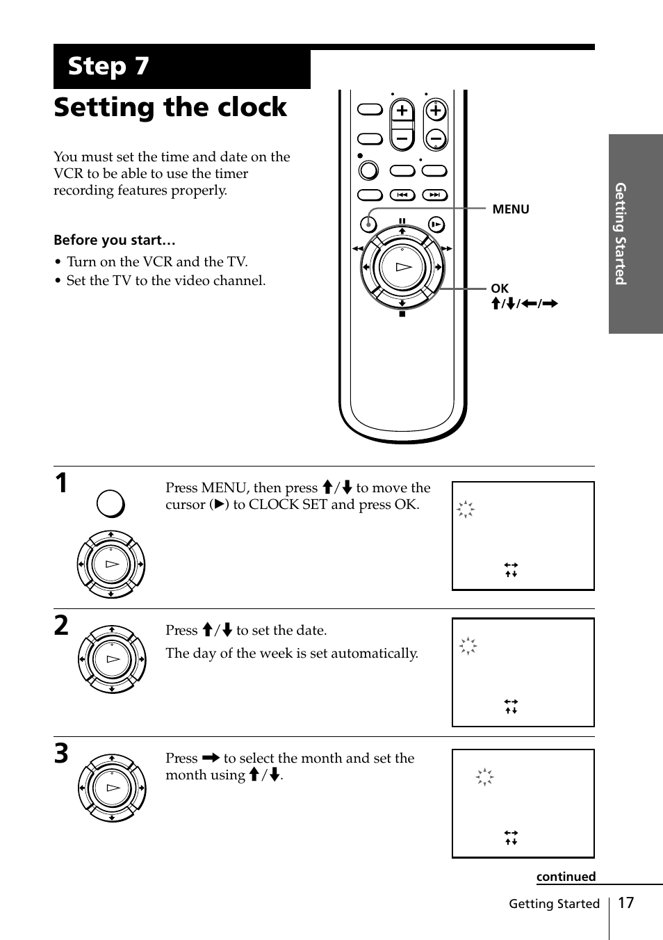 Setting the clock, Step 7, Getting started | Sony SLV-ED818ME User Manual | Page 17 / 61