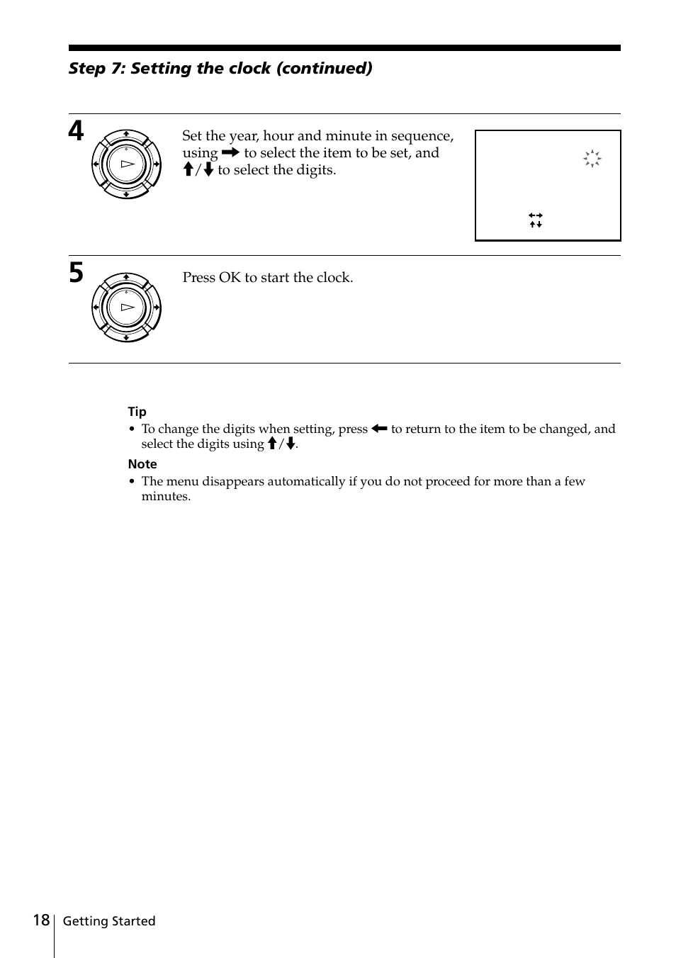 Step 7: setting the clock (continued), Press ok to start the clock | Sony SLV-ED818ME User Manual | Page 18 / 61