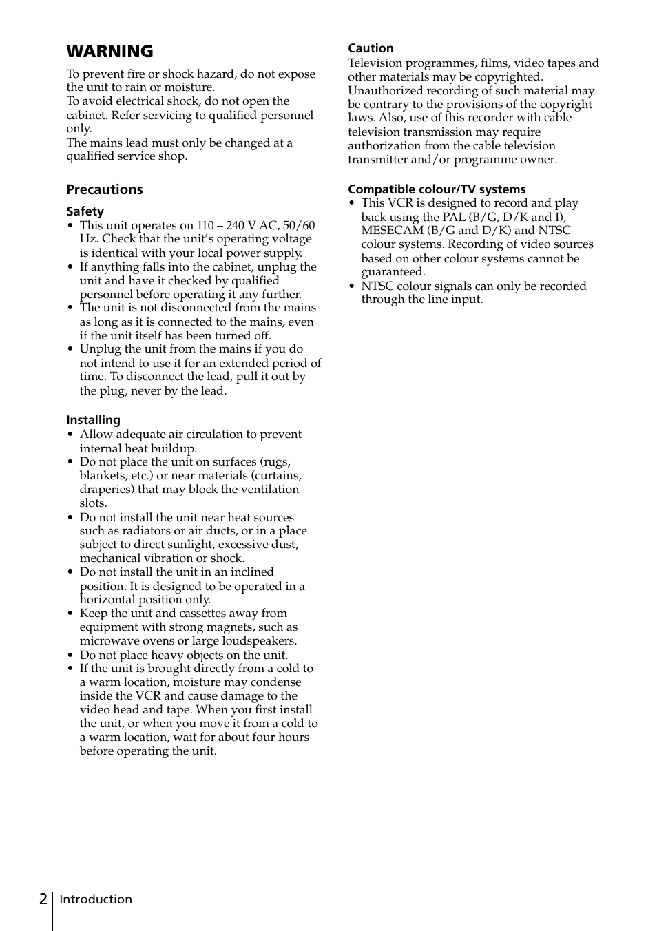 Warning | Sony SLV-ED818ME User Manual | Page 2 / 61