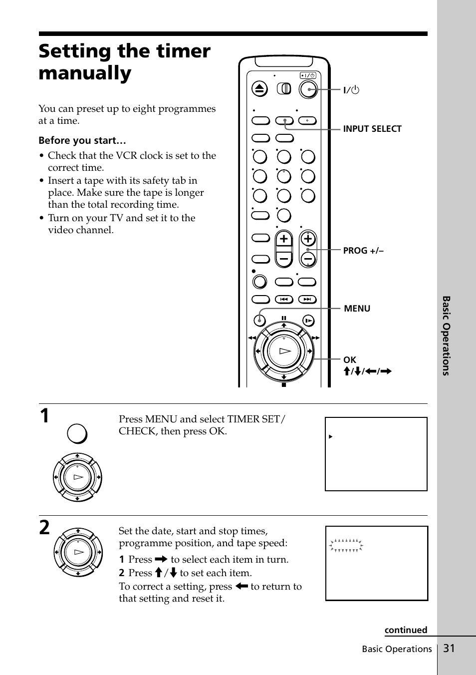 Setting the timer manually, Basic operations | Sony SLV-ED818ME User Manual | Page 31 / 61