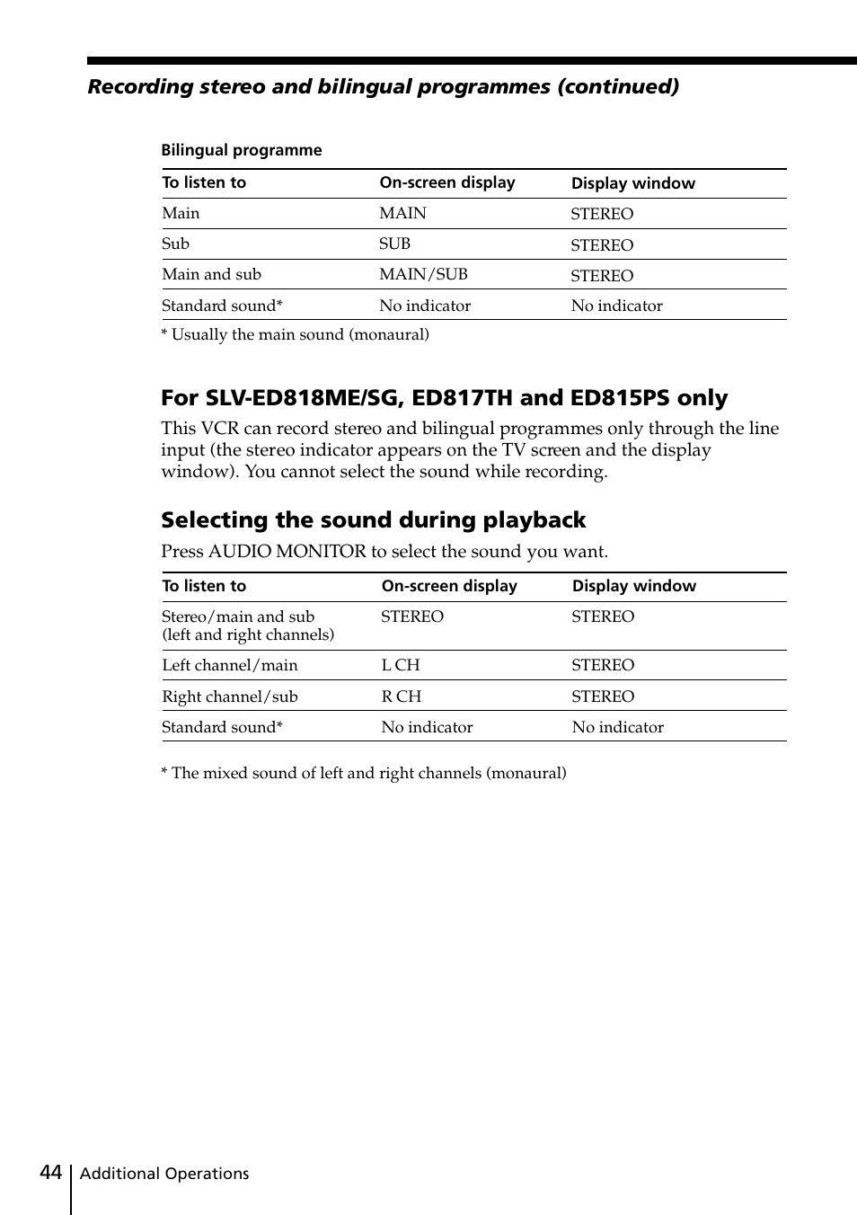 Selecting the sound during playback | Sony SLV-ED818ME User Manual | Page 44 / 61