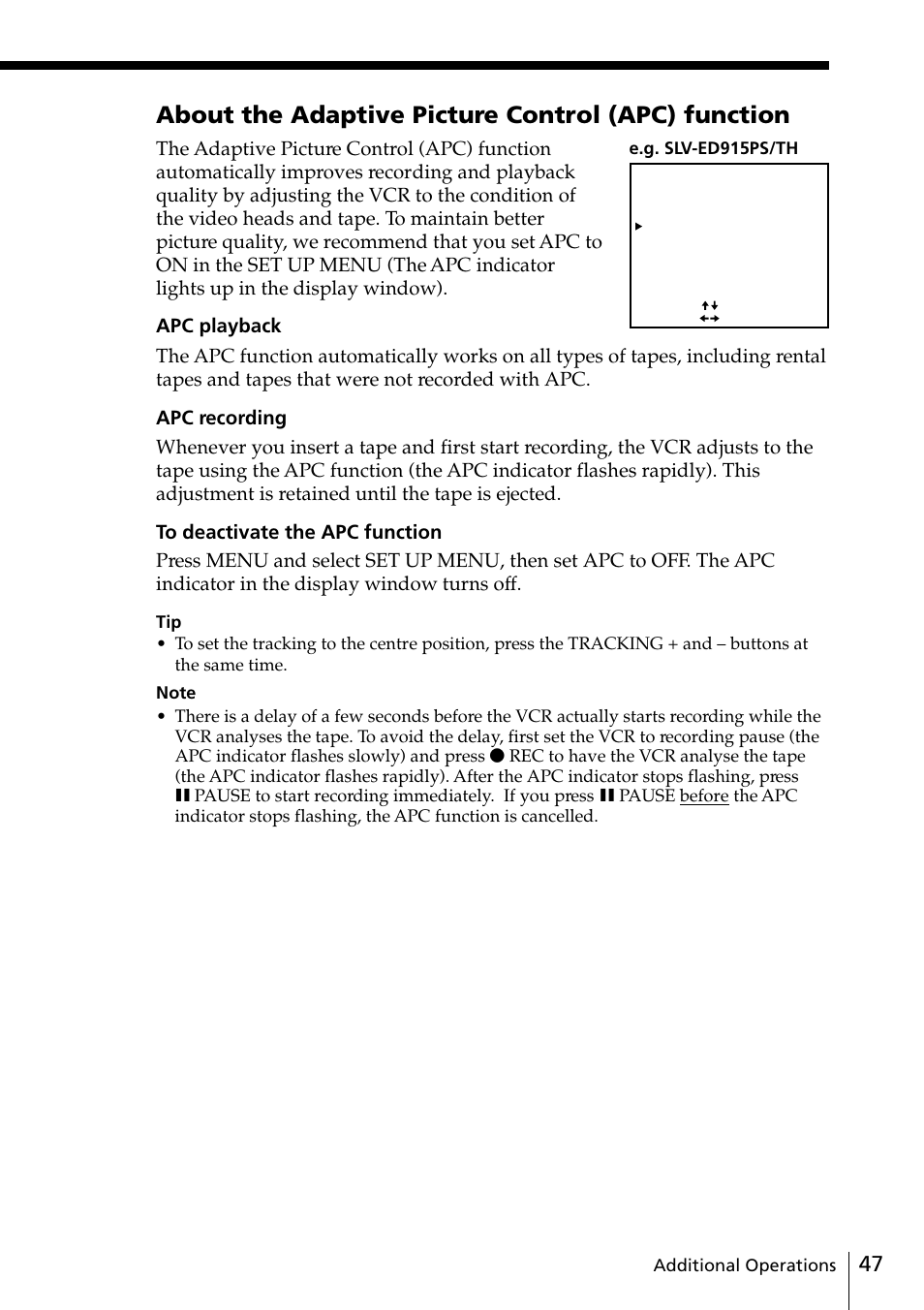 About the adaptive picture control (apc) function, Additional operations, E.g. slv-ed915ps/th | Sony SLV-ED818ME User Manual | Page 47 / 61