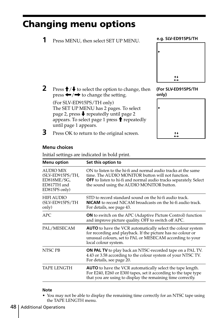 Changing menu options, Press menu, then select set up menu | Sony SLV-ED818ME User Manual | Page 48 / 61
