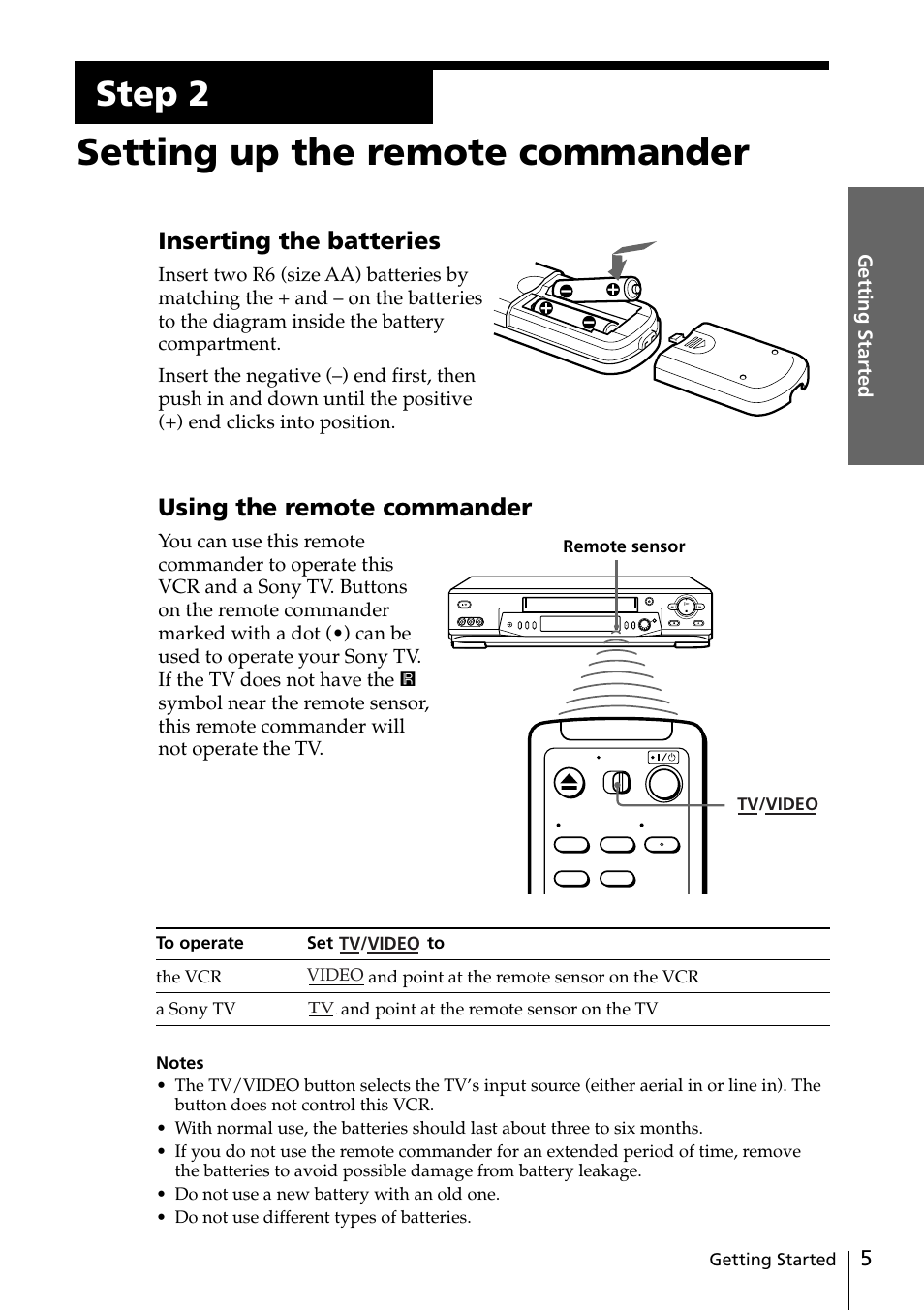 Setting up the remote commander, Step 2, Inserting the batteries | Using the remote commander | Sony SLV-ED818ME User Manual | Page 5 / 61