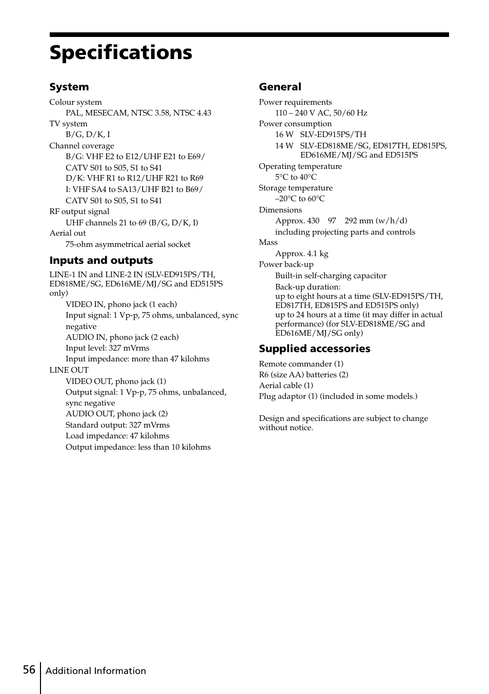Specifications, System, Inputs and outputs | General, Supplied accessories | Sony SLV-ED818ME User Manual | Page 56 / 61