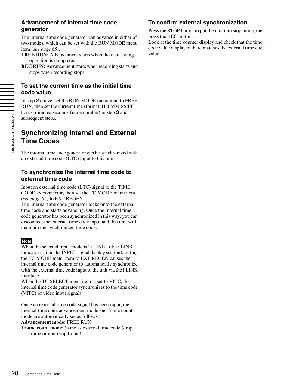 Synchronizing internal and external time codes, Advancement of internal time code generator | Sony DSR-DR1000A User Manual | Page 28 / 105
