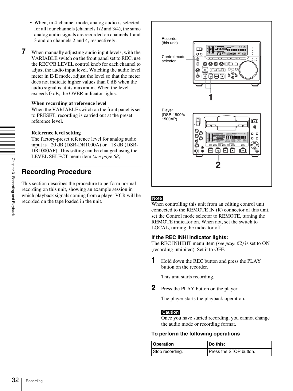 Recording procedure, Caution | Sony DSR-DR1000A User Manual | Page 32 / 105