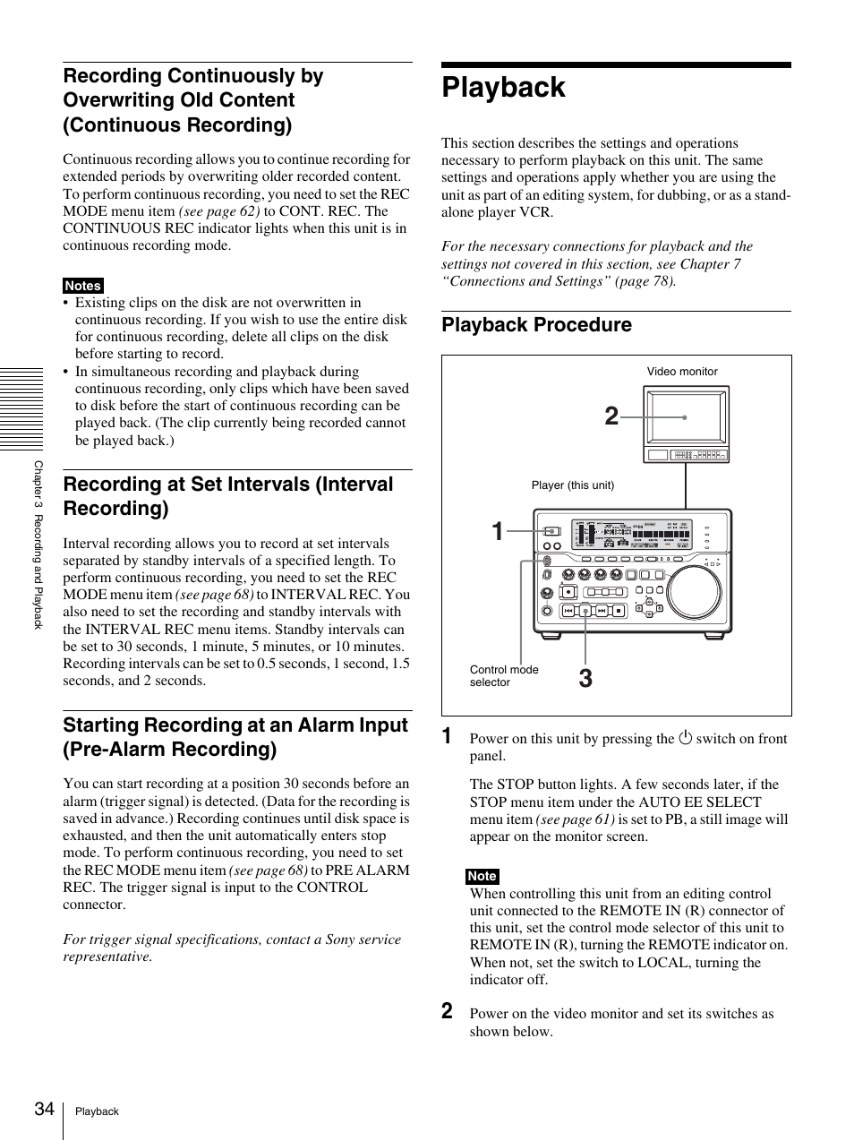 Recording at set intervals (interval recording), Playback, Playback procedure | Continuous recording), Starting recording at an alarm input (pre-alarm, Recording) | Sony DSR-DR1000A User Manual | Page 34 / 105