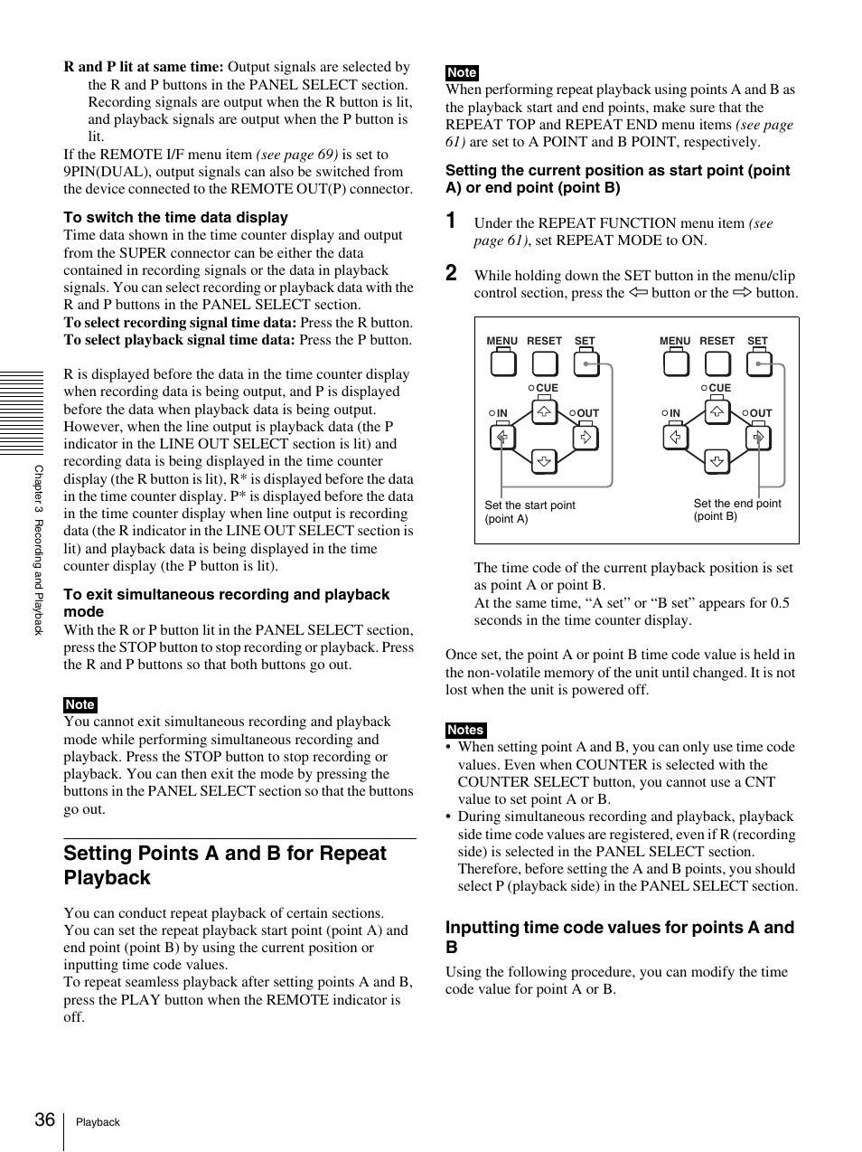 Setting points a and b for repeat playback, Inputting time code values for points a and b | Sony DSR-DR1000A User Manual | Page 36 / 105