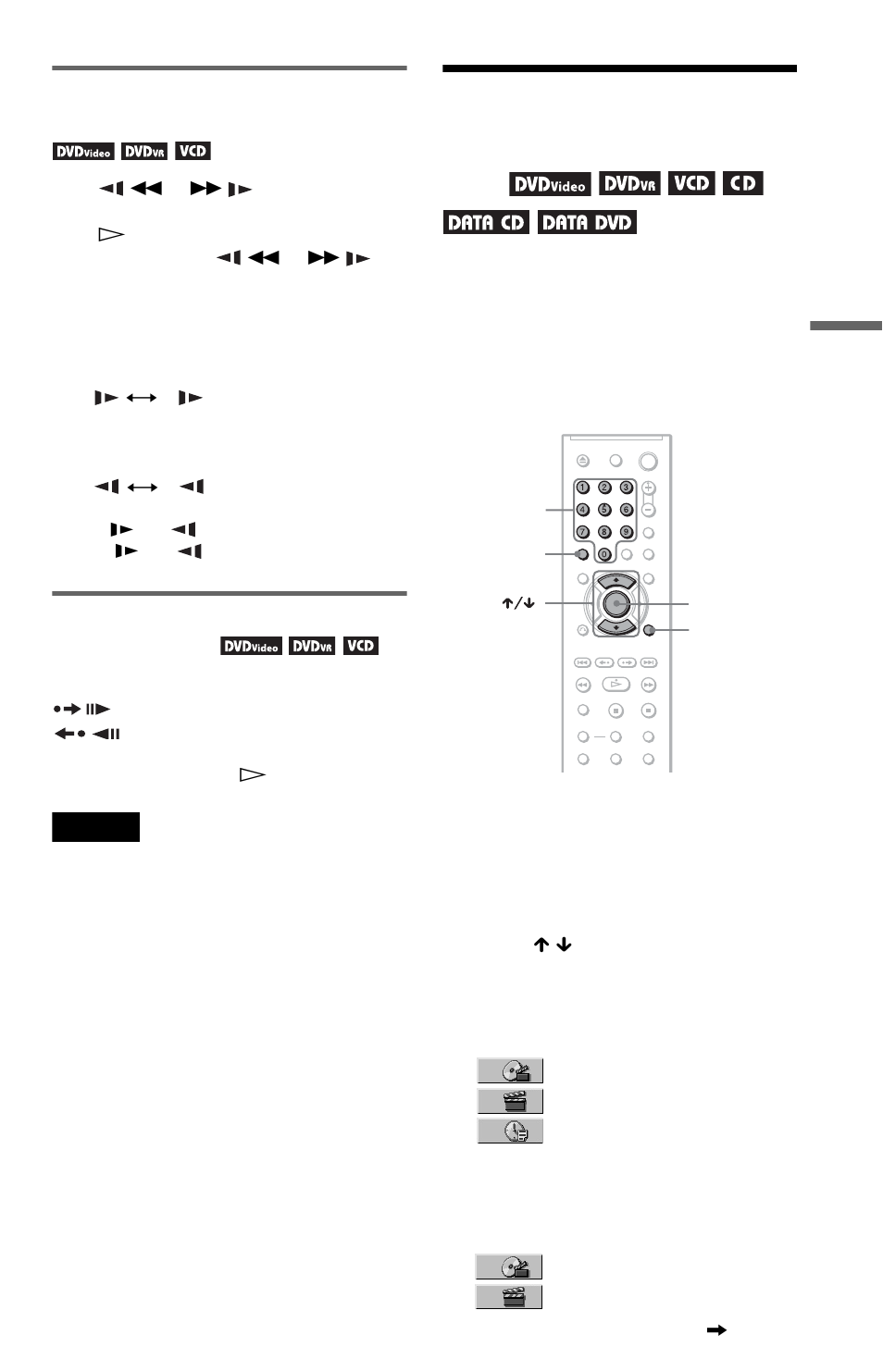 Searching for a title/chapter/track/scene, etc, Searching for a title/ chapter/track/scene, etc, Watching frame by frame (slow-motion play) | Playing one frame at a time (freeze frame) | Sony DVP-NS15 User Manual | Page 29 / 66