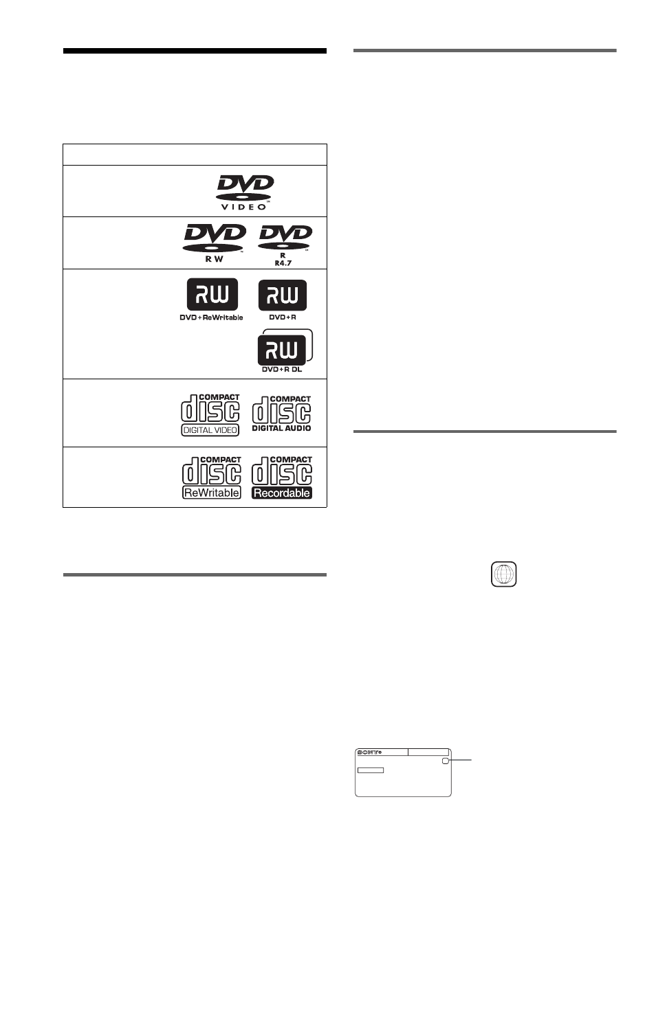 L1 - this player can play the following discs, This player can play the following discs, Example of discs that the player cannot play | Region code | Sony DVP-NS15 User Manual | Page 6 / 66