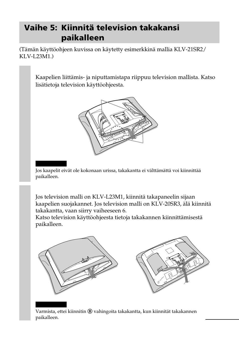 Vaihe 5: kiinnitä television takakansi paikalleen | Sony SU-W210 User Manual | Page 115 / 148
