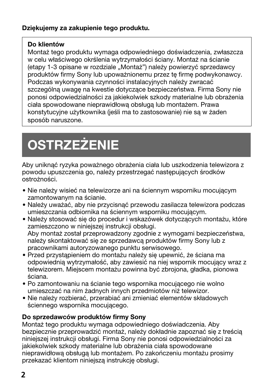 Ostrzez•enie, Ostrzeżenie | Sony SU-W210 User Manual | Page 134 / 148