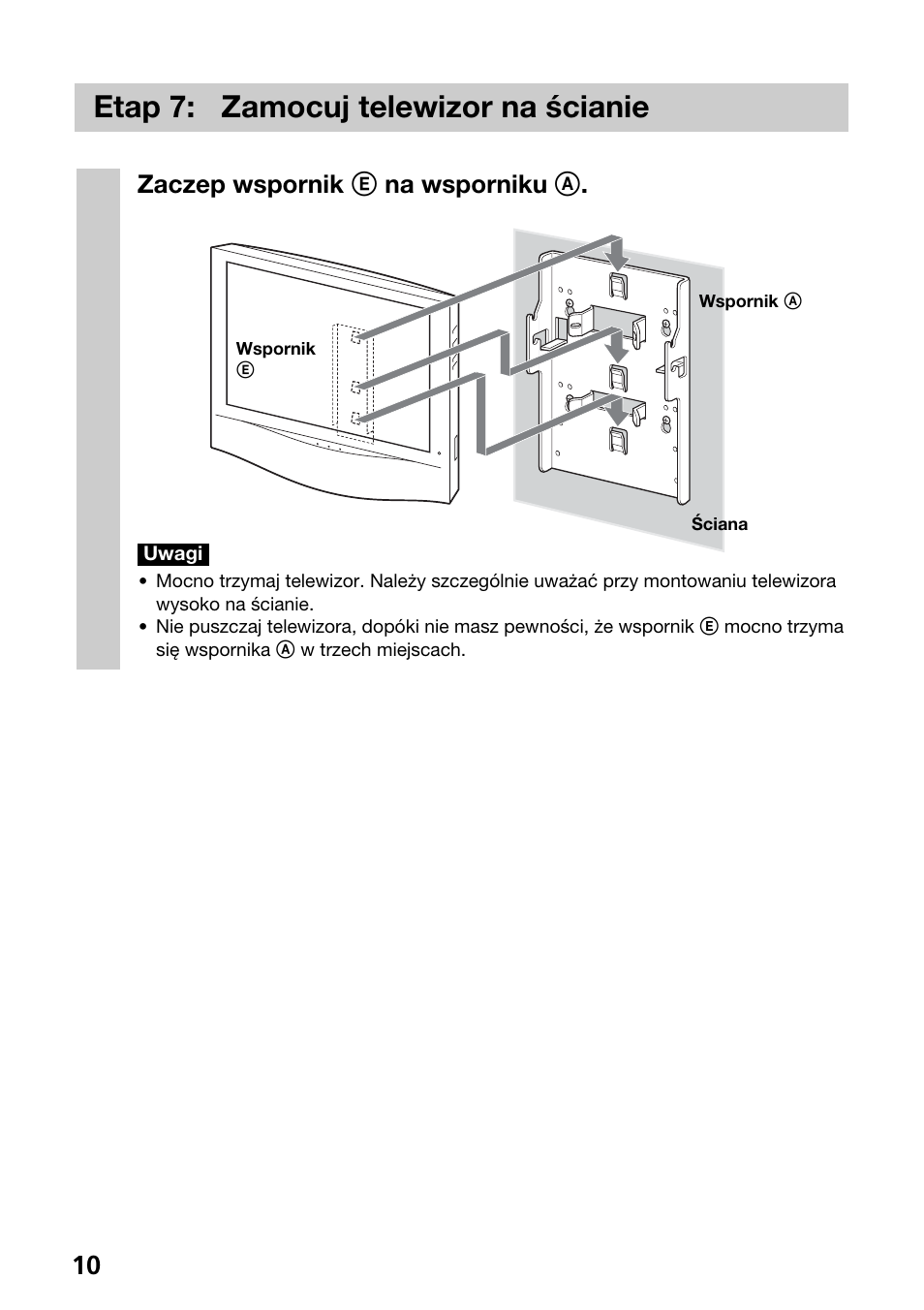 Etap 7: zamocuj telewizor na s•cianie, Etap 7: zamocuj telewizor na ścianie | Sony SU-W210 User Manual | Page 142 / 148