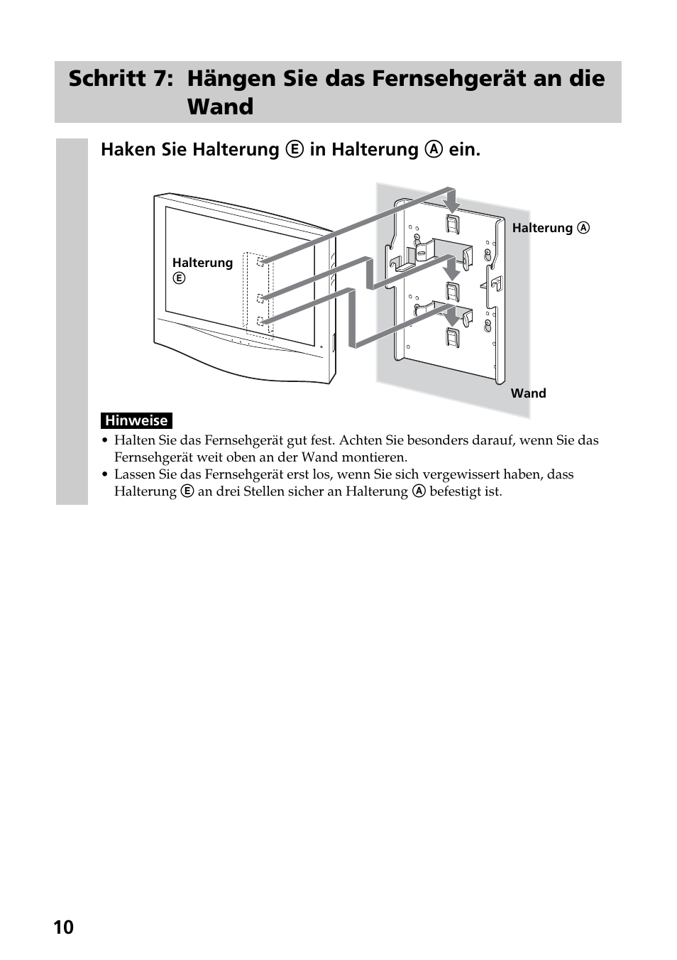 Schritt 7: hängen sie das fernsehgerät an die wand | Sony SU-W210 User Manual | Page 22 / 148