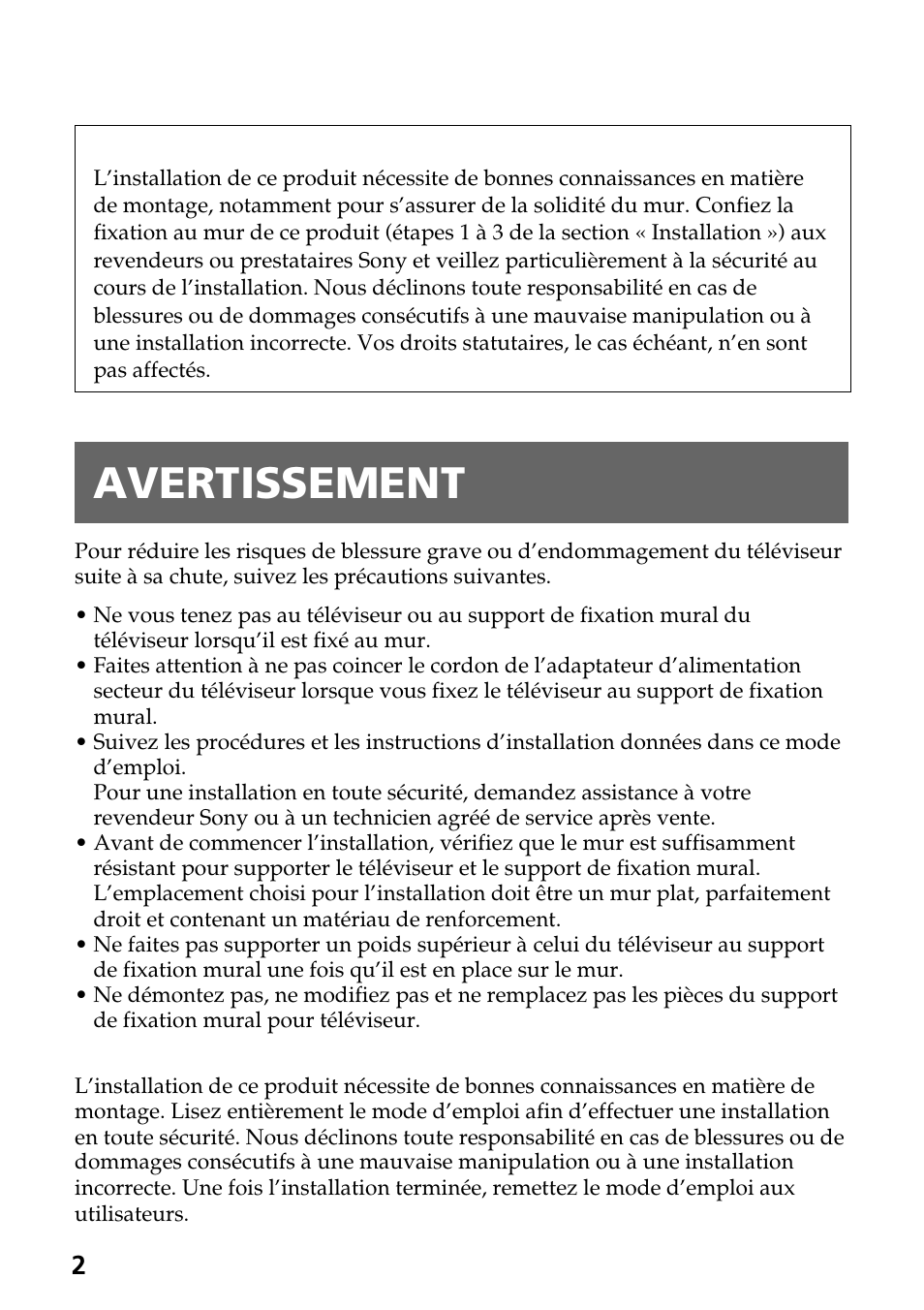 Avertissement | Sony SU-W210 User Manual | Page 26 / 148