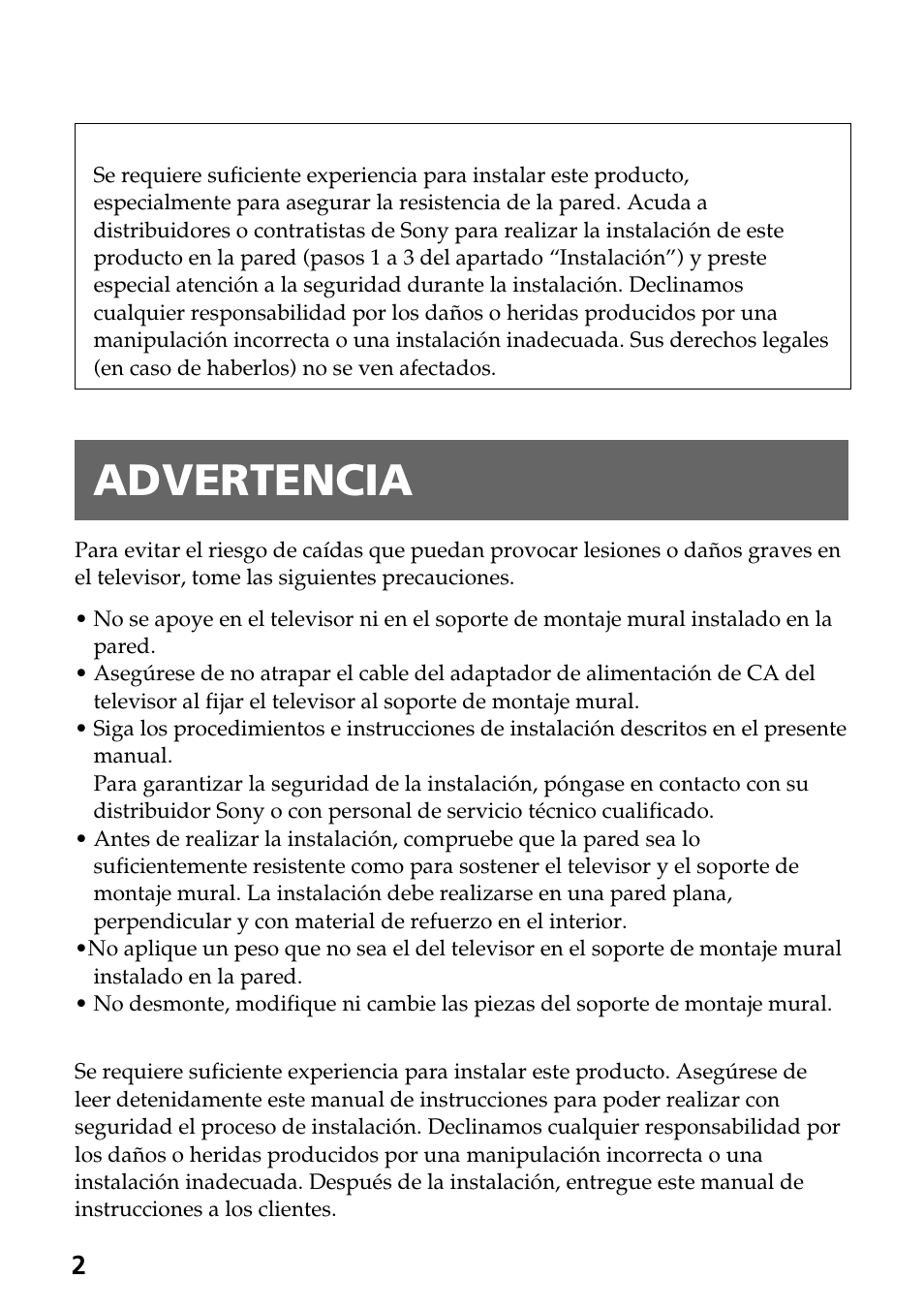 Advertencia | Sony SU-W210 User Manual | Page 50 / 148