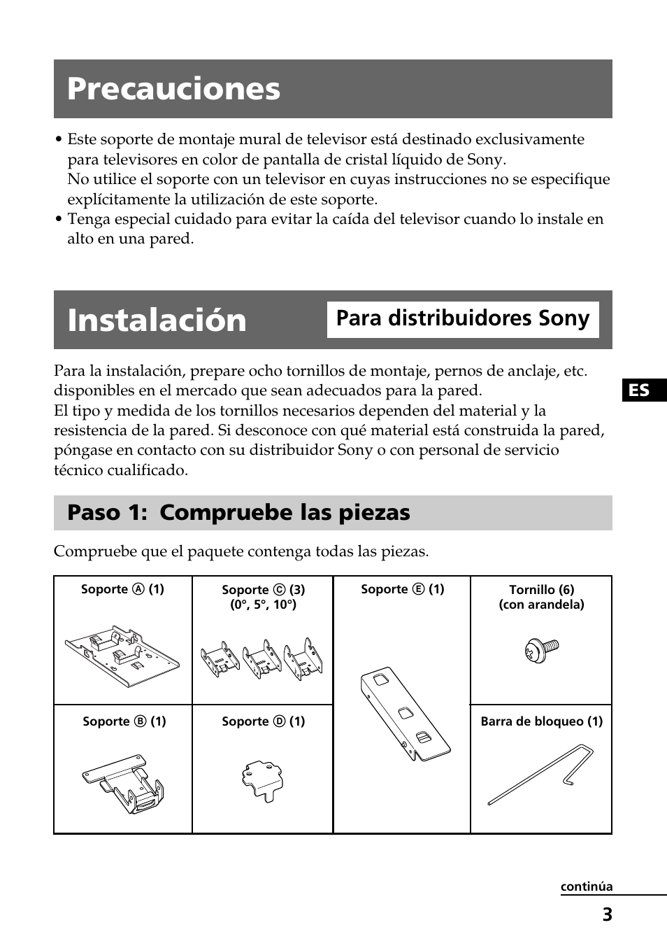 Precauciones, Instalación para distribuidores sony, Paso 1: compruebe las piezas | Instalación, Para distribuidores sony | Sony SU-W210 User Manual | Page 51 / 148