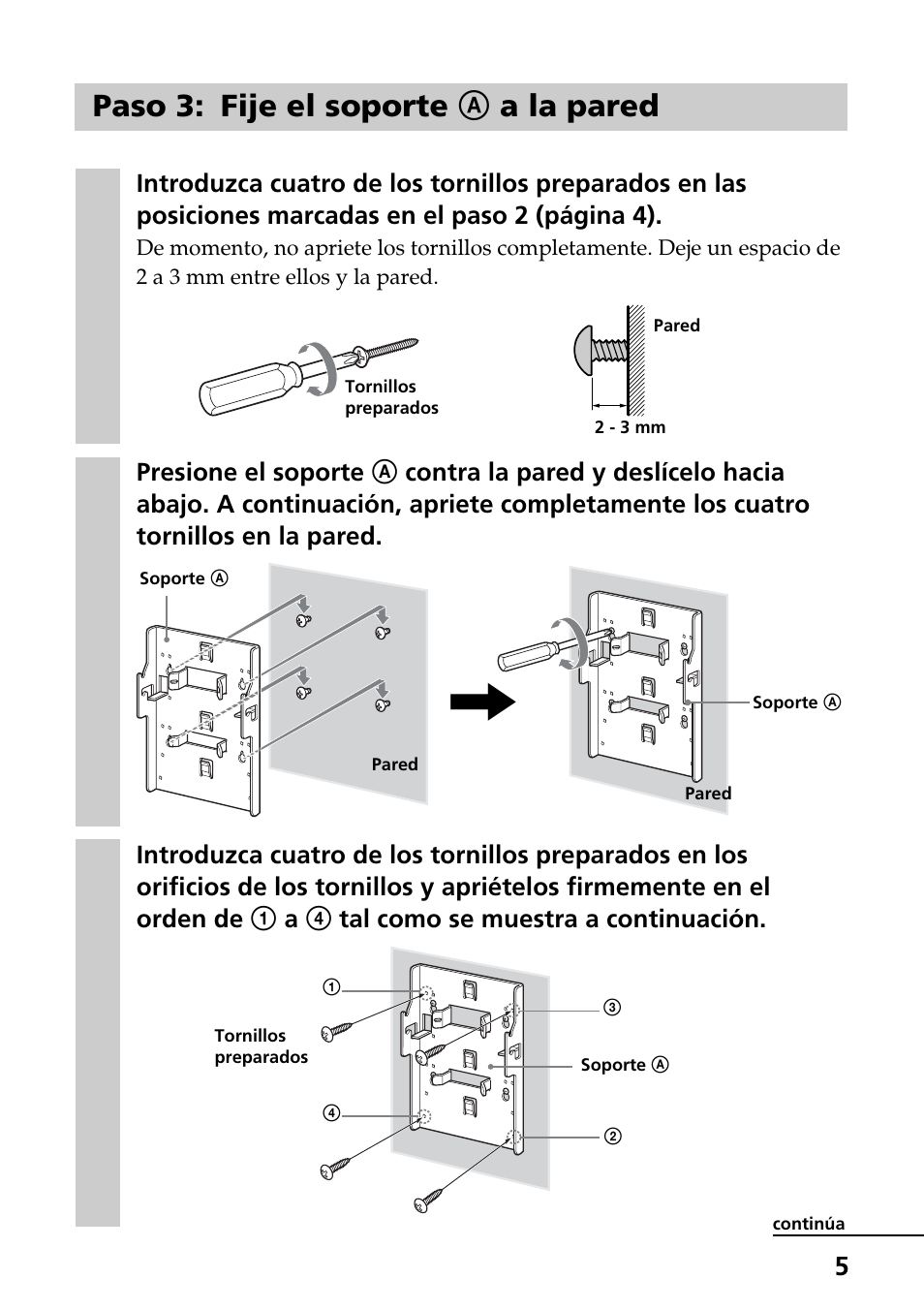 Paso 3: fije el soporte a a la pared | Sony SU-W210 User Manual | Page 53 / 148