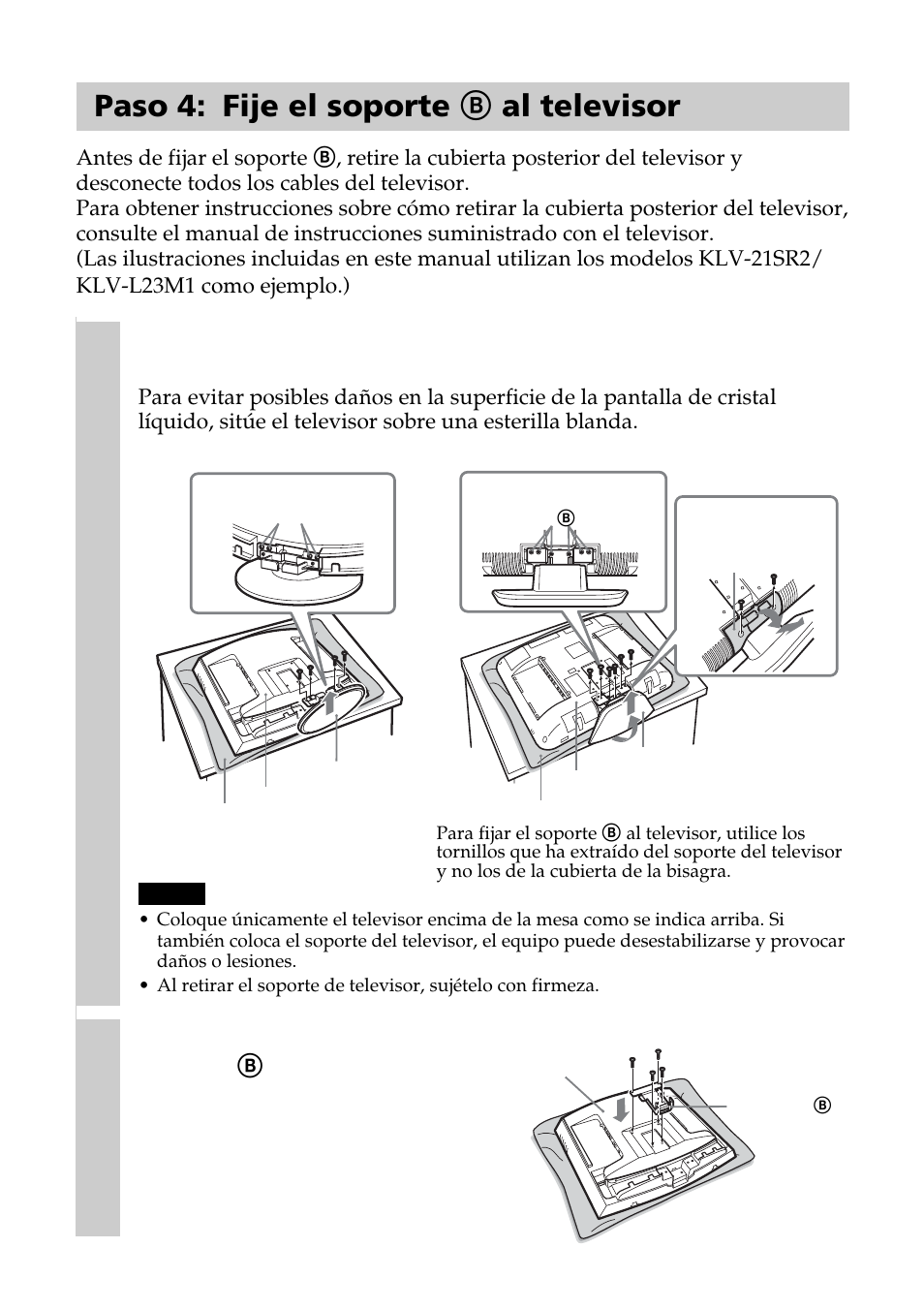 Paso 4: fije el soporte b al televisor | Sony SU-W210 User Manual | Page 54 / 148