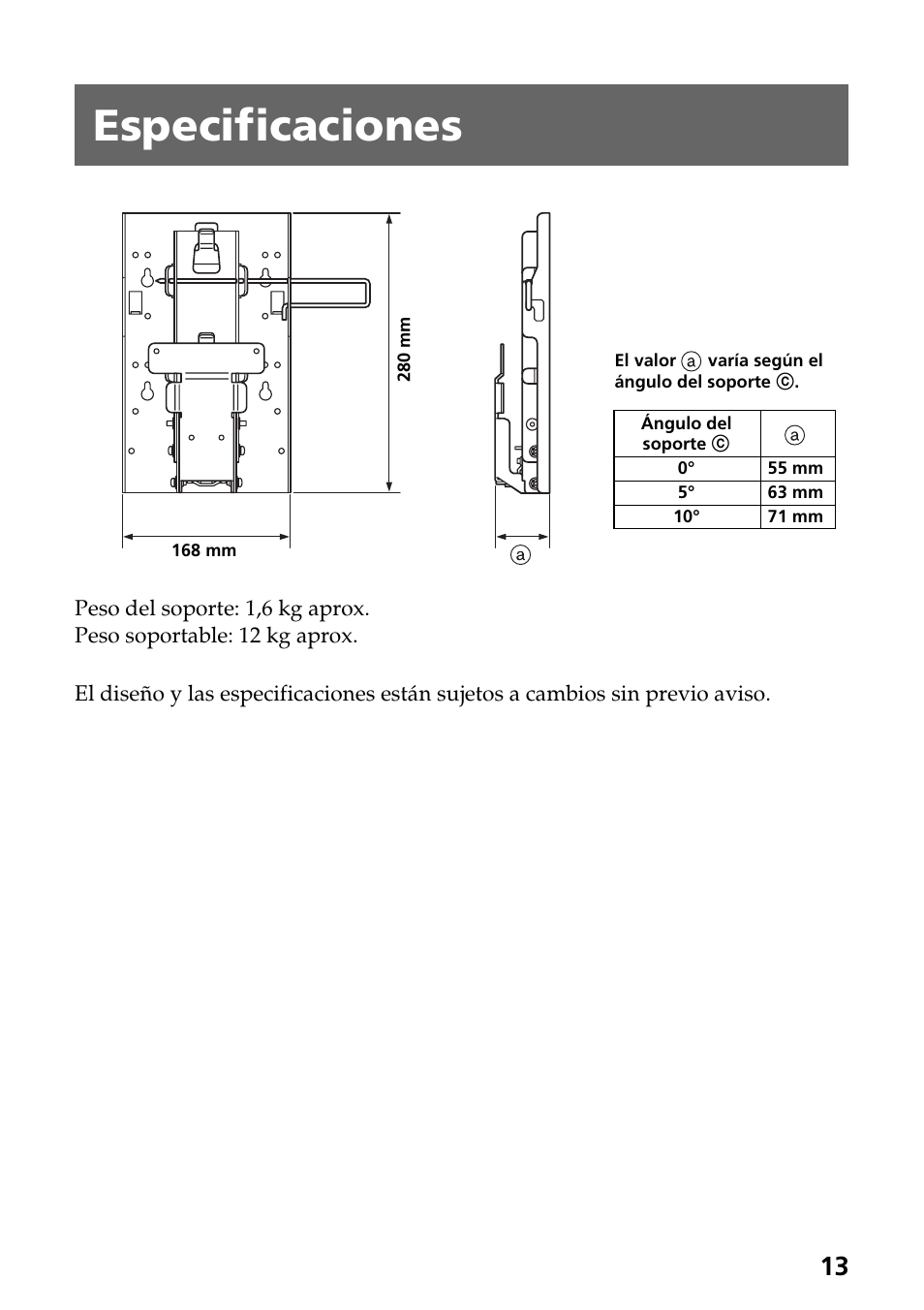 Especificaciones | Sony SU-W210 User Manual | Page 61 / 148