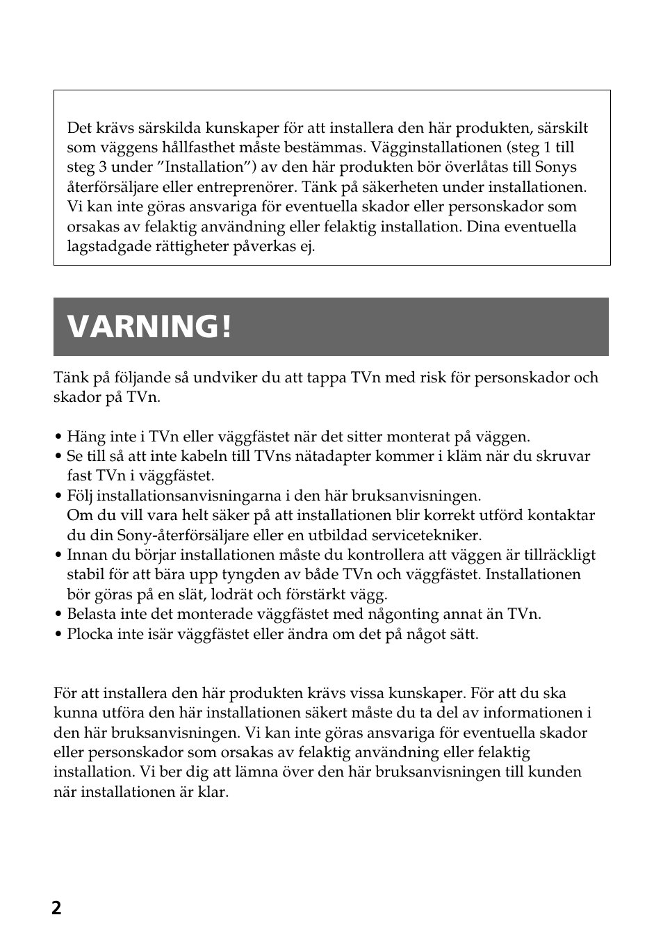 Varning | Sony SU-W210 User Manual | Page 86 / 148
