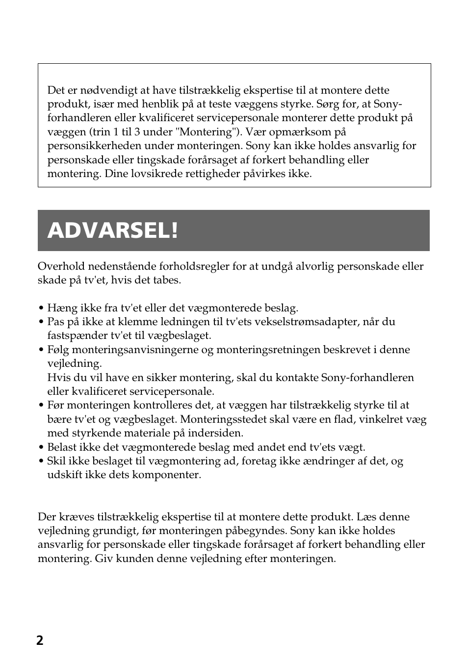 Advarsel | Sony SU-W210 User Manual | Page 98 / 148