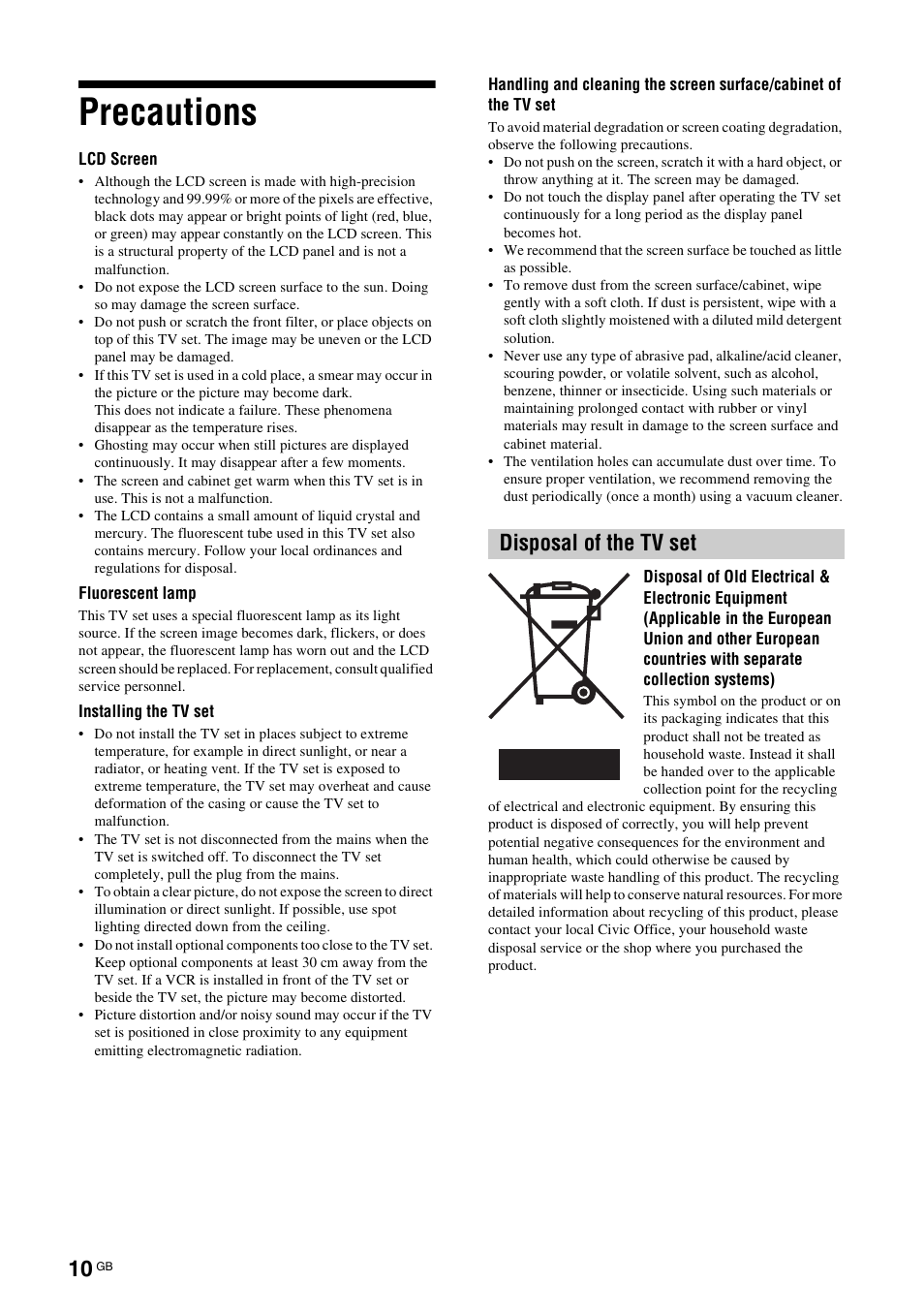 Precautions, Disposal of the tv set | Sony Bravia KDL-26S2020 User Manual | Page 10 / 44