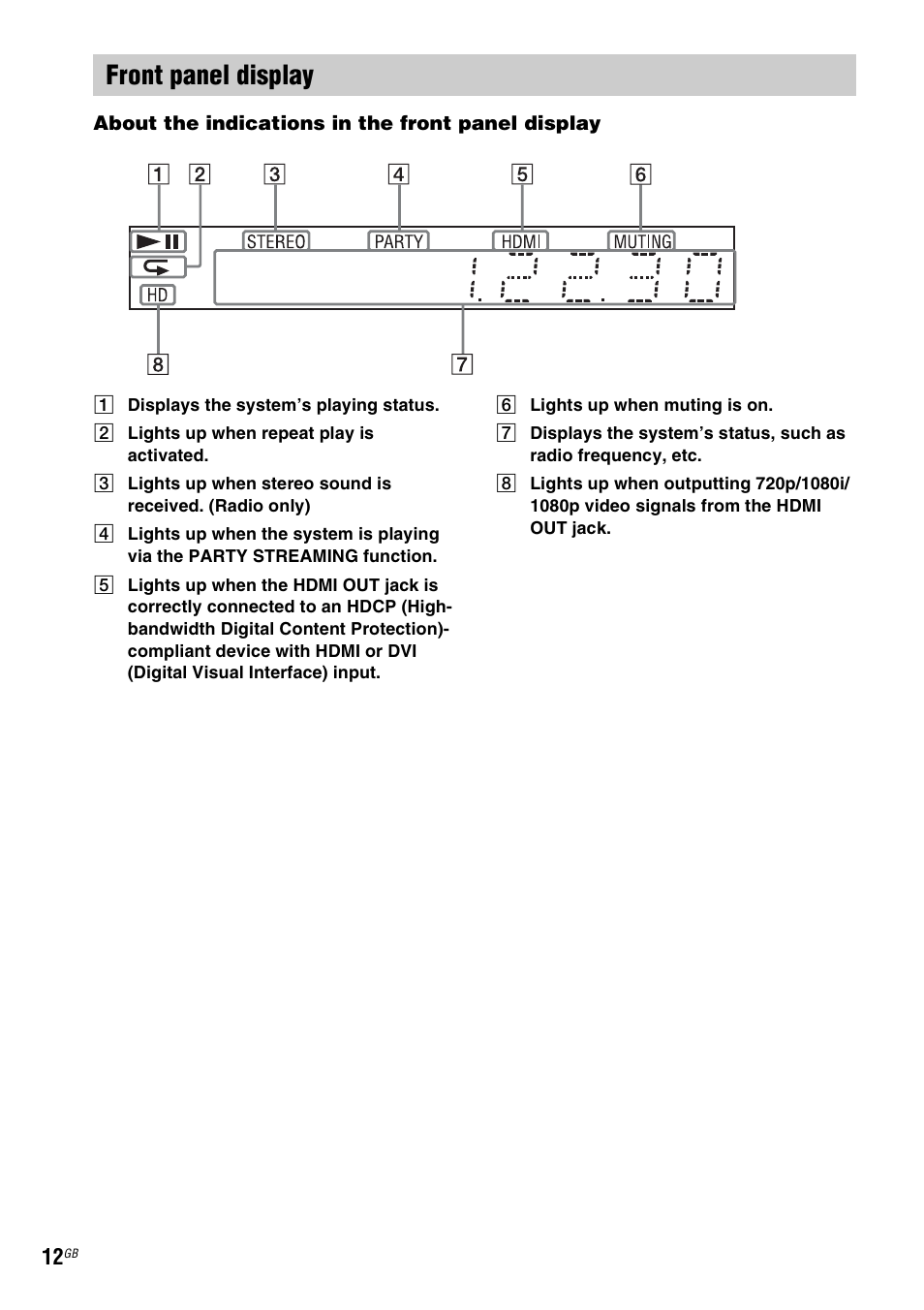 Front panel display | Sony BDV-L800 User Manual | Page 12 / 84