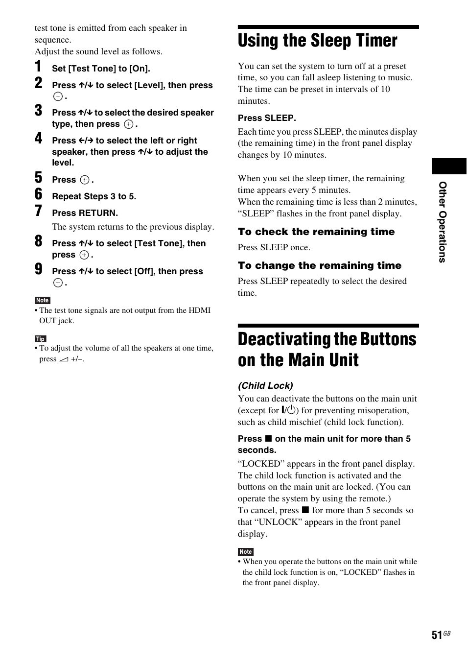 Using the sleep timer, Deactivating the buttons on the main unit, Unit | Sony BDV-L800 User Manual | Page 51 / 84