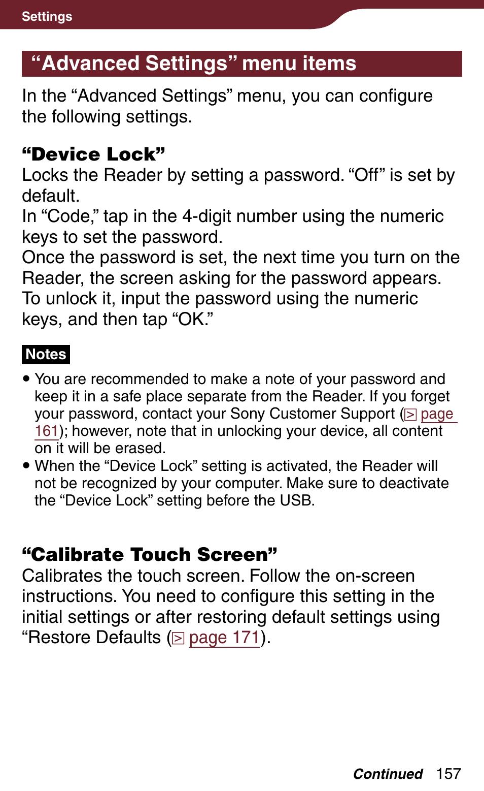 Advanced settings menu items, Advanced settings” menu items, Ore usb connection | Sony Reader Daily Edition 4-174-983-12(1) User Manual | Page 157 / 202