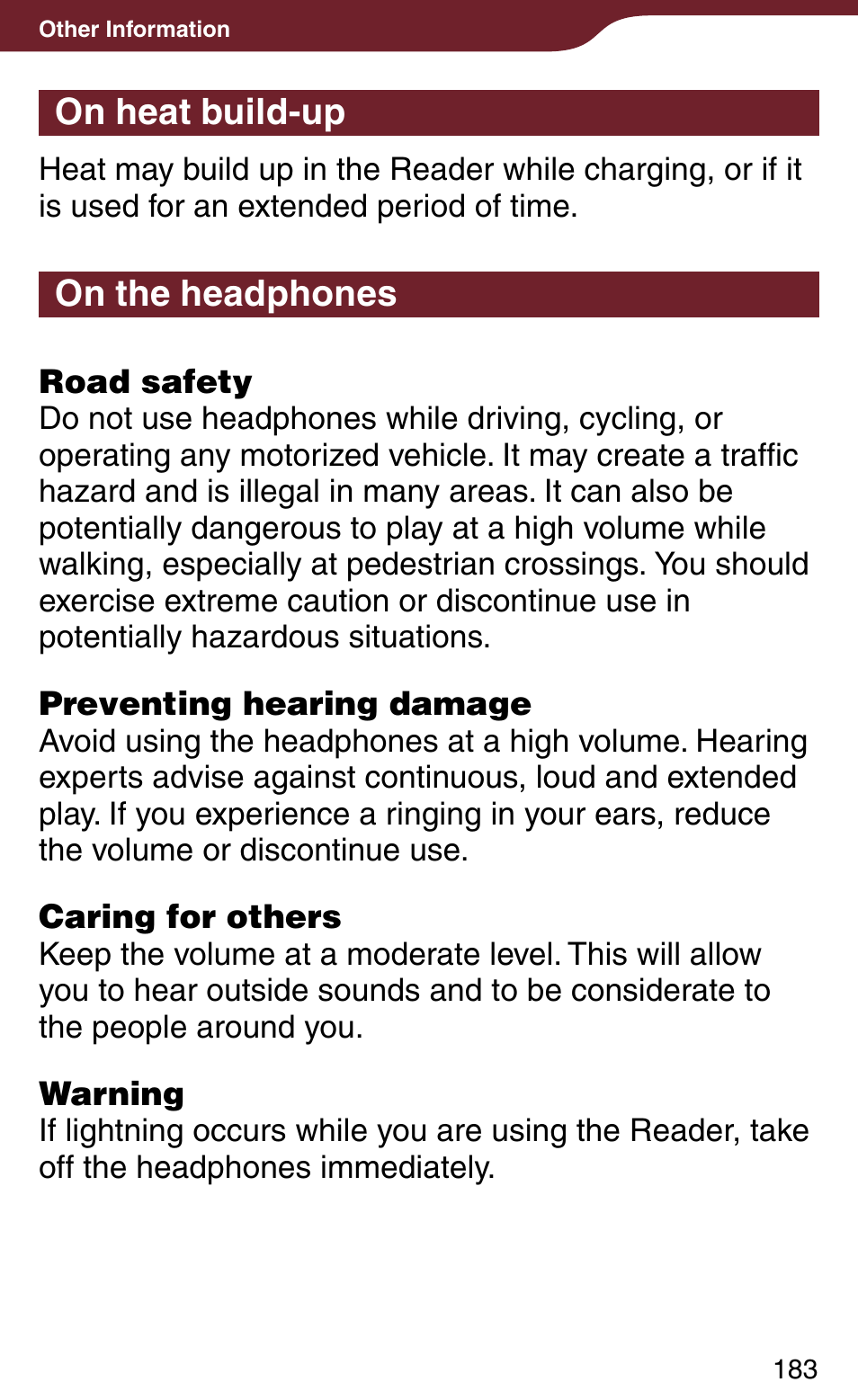 On heat build-up, On the headphones | Sony Reader Daily Edition 4-174-983-12(1) User Manual | Page 183 / 202