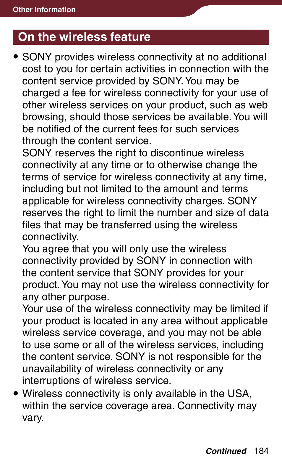 On the wireless feature | Sony Reader Daily Edition 4-174-983-12(1) User Manual | Page 184 / 202