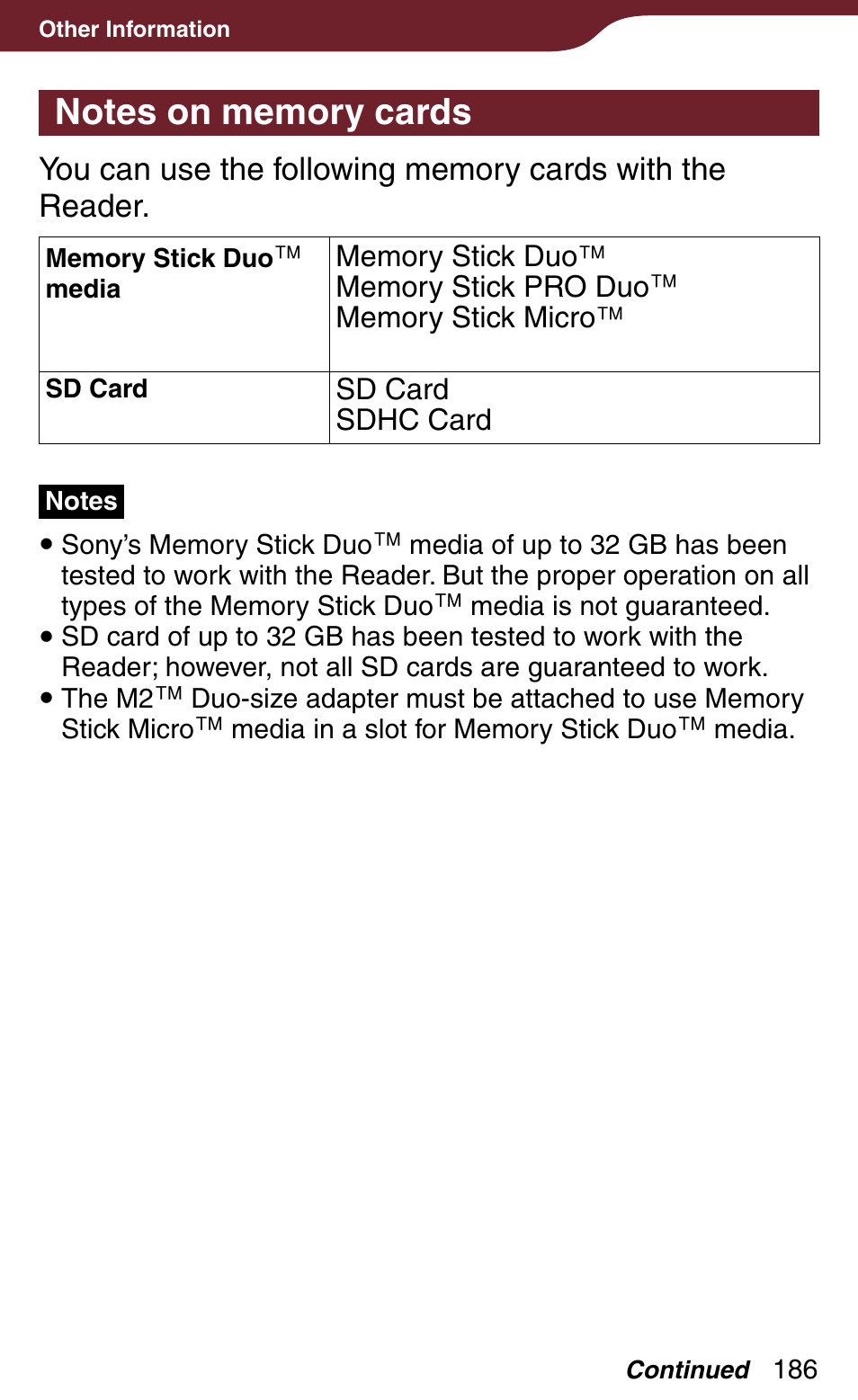 Notes on memory cards, The reader | Sony Reader Daily Edition 4-174-983-12(1) User Manual | Page 186 / 202