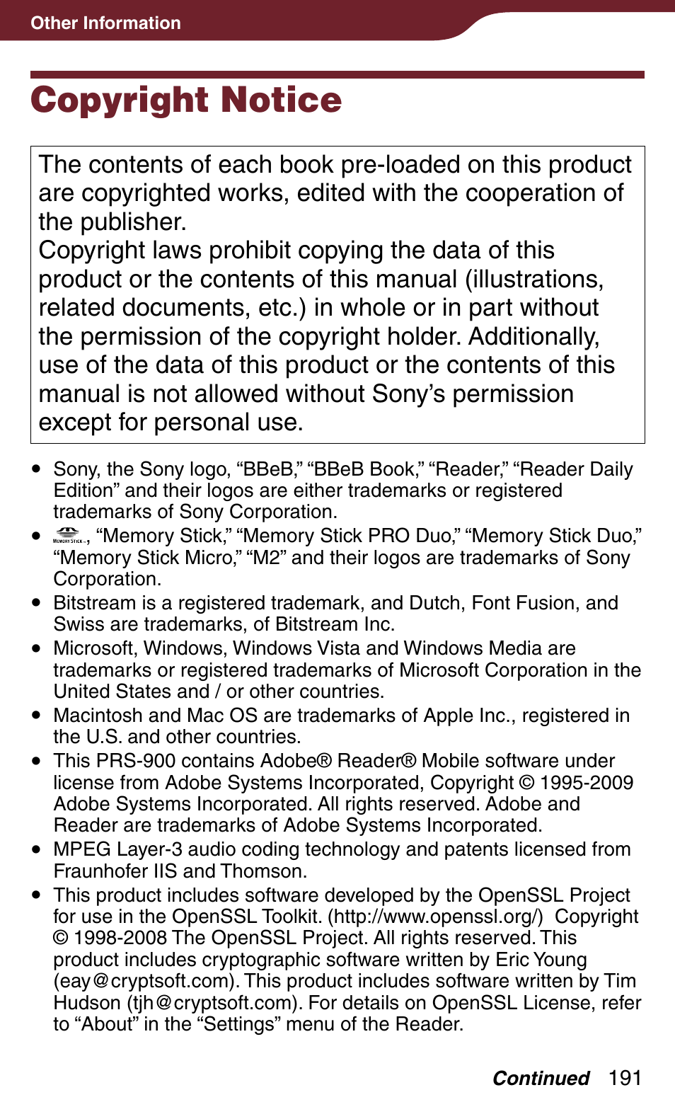 Copyright notice | Sony Reader Daily Edition 4-174-983-12(1) User Manual | Page 191 / 202