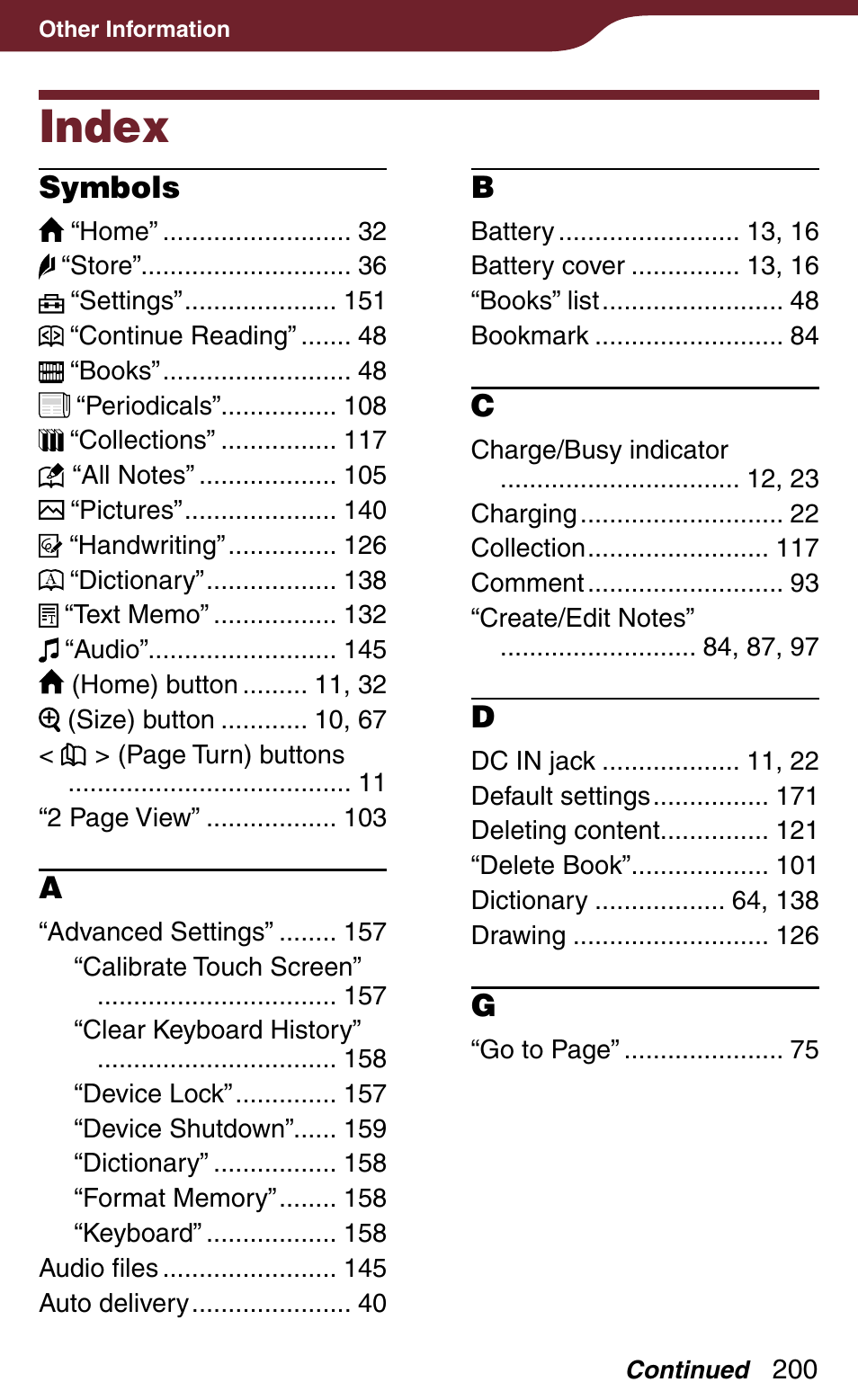 Index, Symbols | Sony Reader Daily Edition 4-174-983-12(1) User Manual | Page 200 / 202