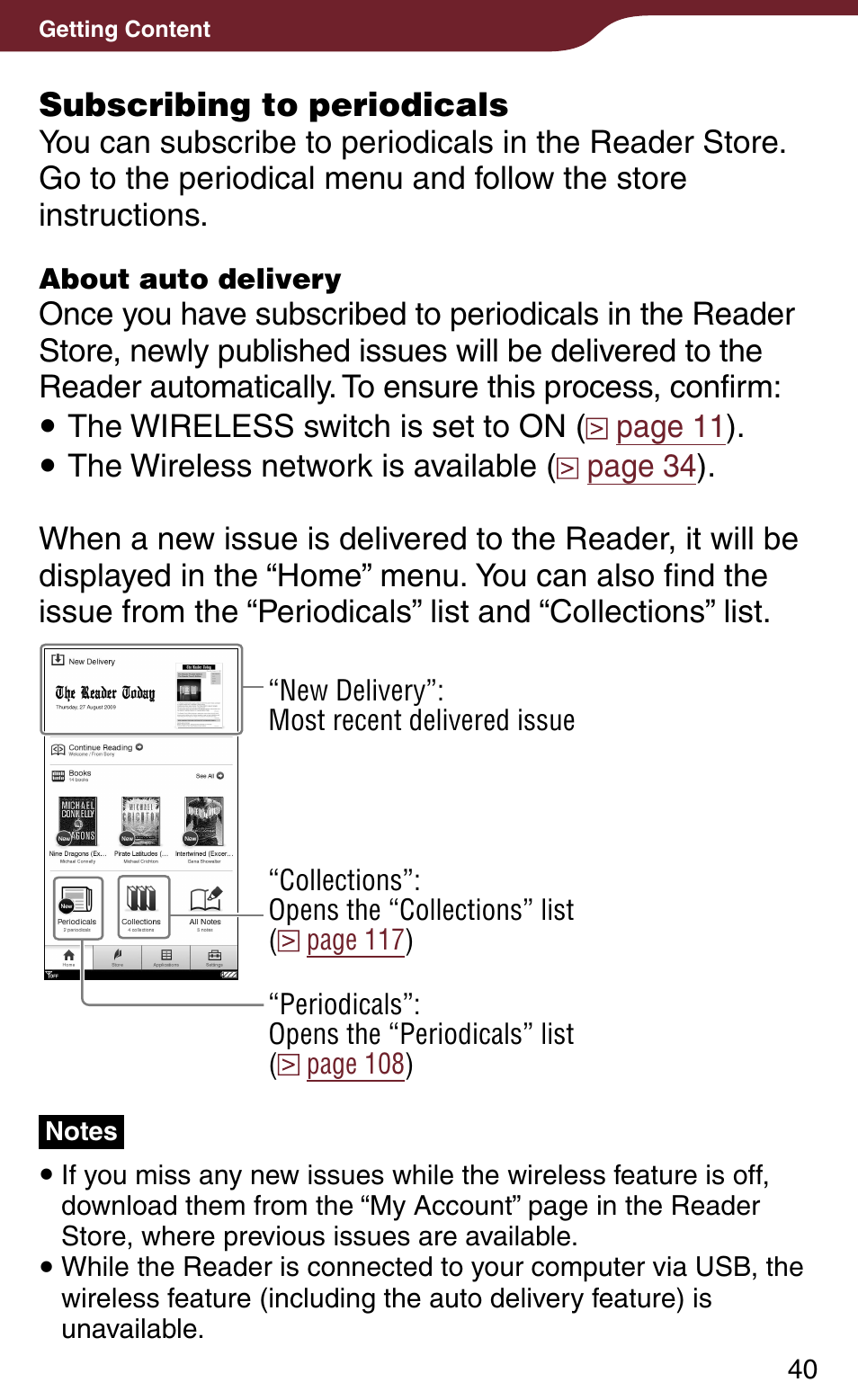 Subscribing to periodicals | Sony Reader Daily Edition 4-174-983-12(1) User Manual | Page 40 / 202