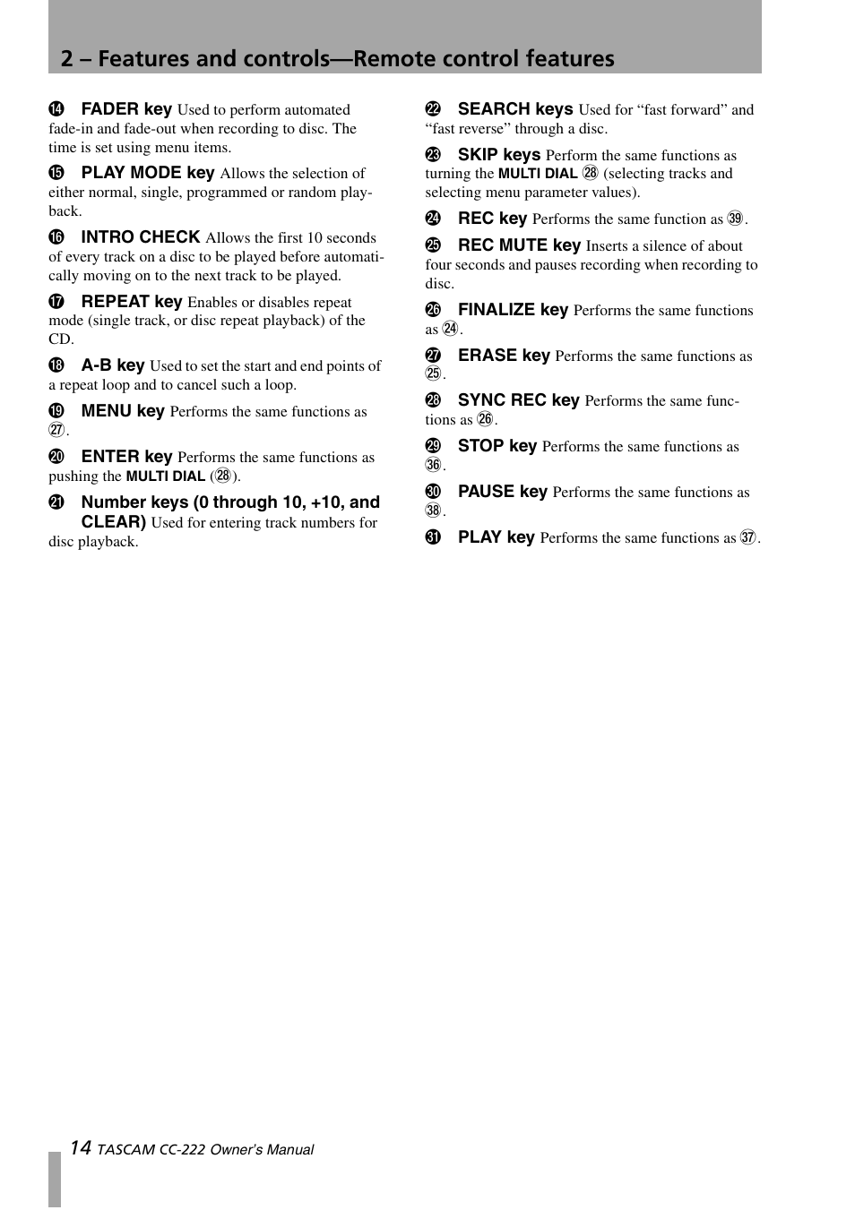 2 – features and controls—remote control features | Sony CC-222 User Manual | Page 14 / 42
