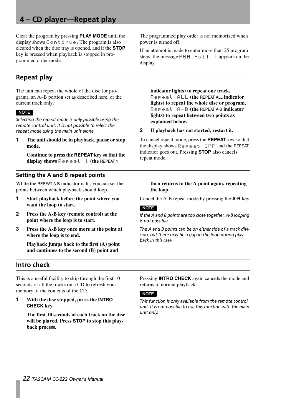 Repeat play, Setting the a and b repeat points, Intro check | 4 – cd player—repeat play | Sony CC-222 User Manual | Page 22 / 42
