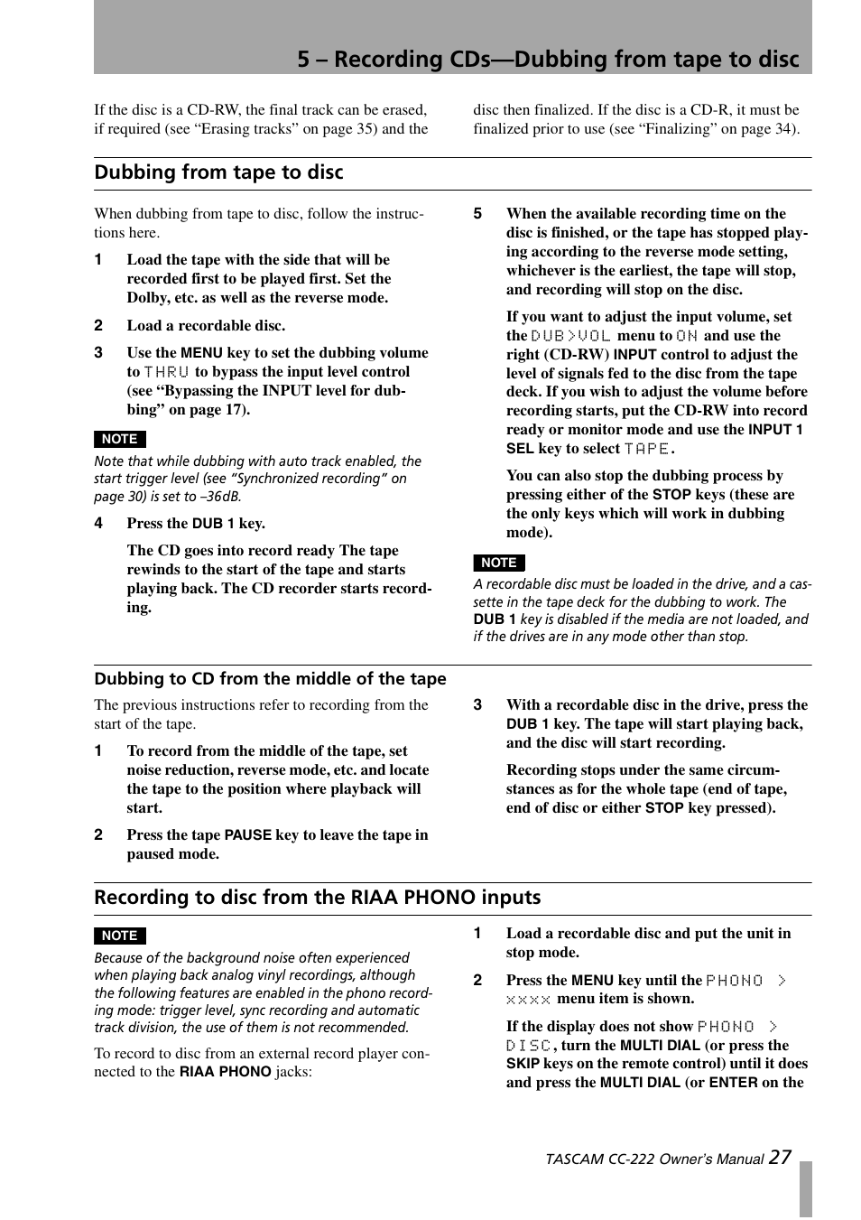 Dubbing from tape to disc, Dubbing to cd from the middle of the tape, Recording to disc from the riaa | Phono inputs, 5 – recording cds—dubbing from tape to disc, Recording to disc from the riaa phono inputs | Sony CC-222 User Manual | Page 27 / 42