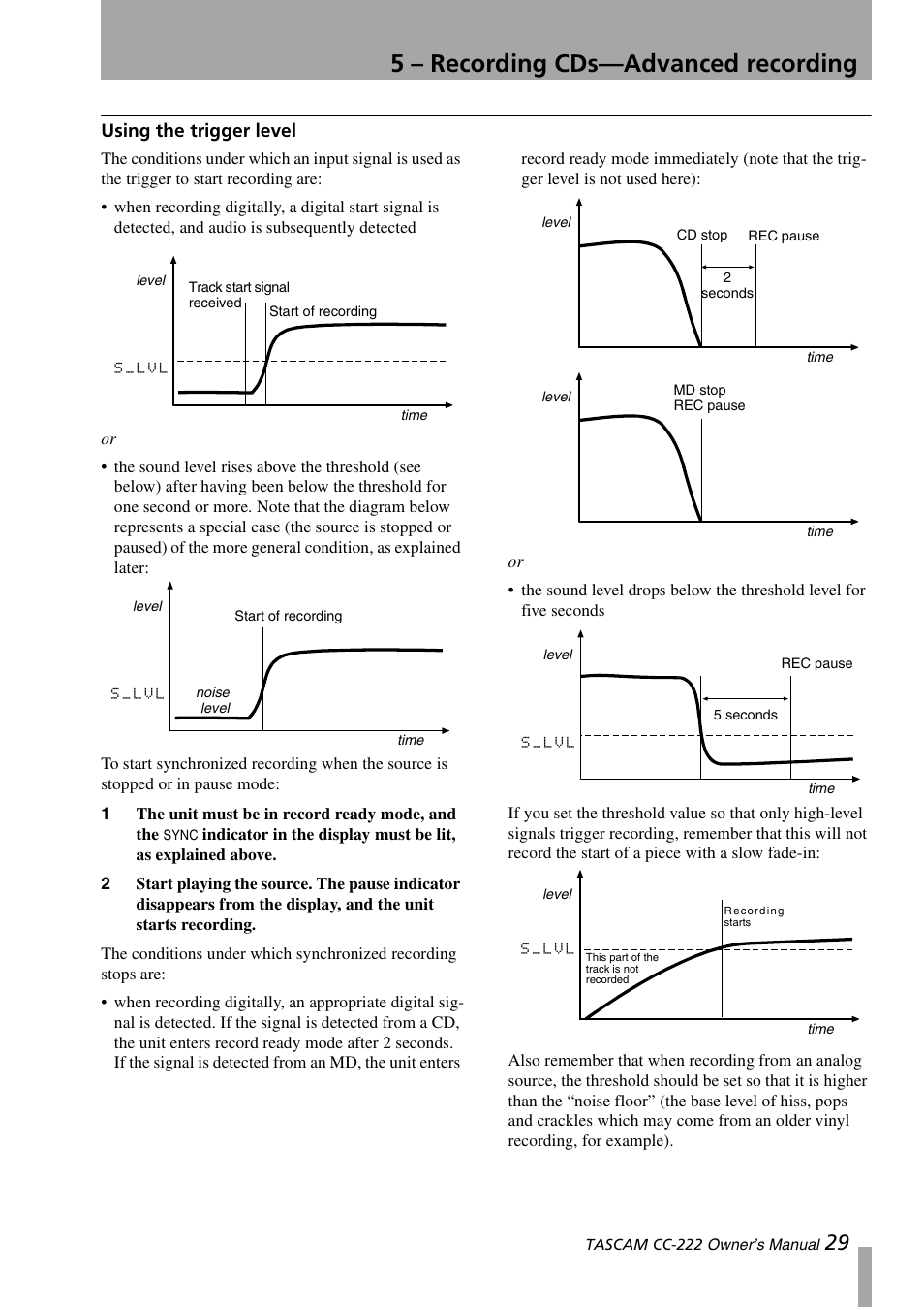 Using the trigger level, 5 – recording cds—advanced recording | Sony CC-222 User Manual | Page 29 / 42