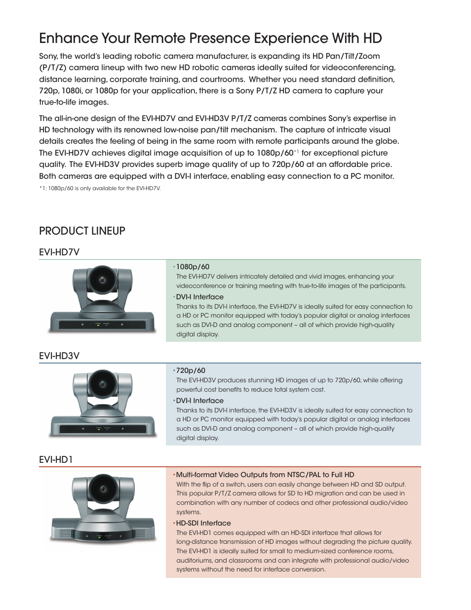 Enhance your remote presence experience with hd, Product lineup, Evi-hd7v evi-hd3v evi-hd1 | Sony EVI-HD7V User Manual | Page 2 / 4