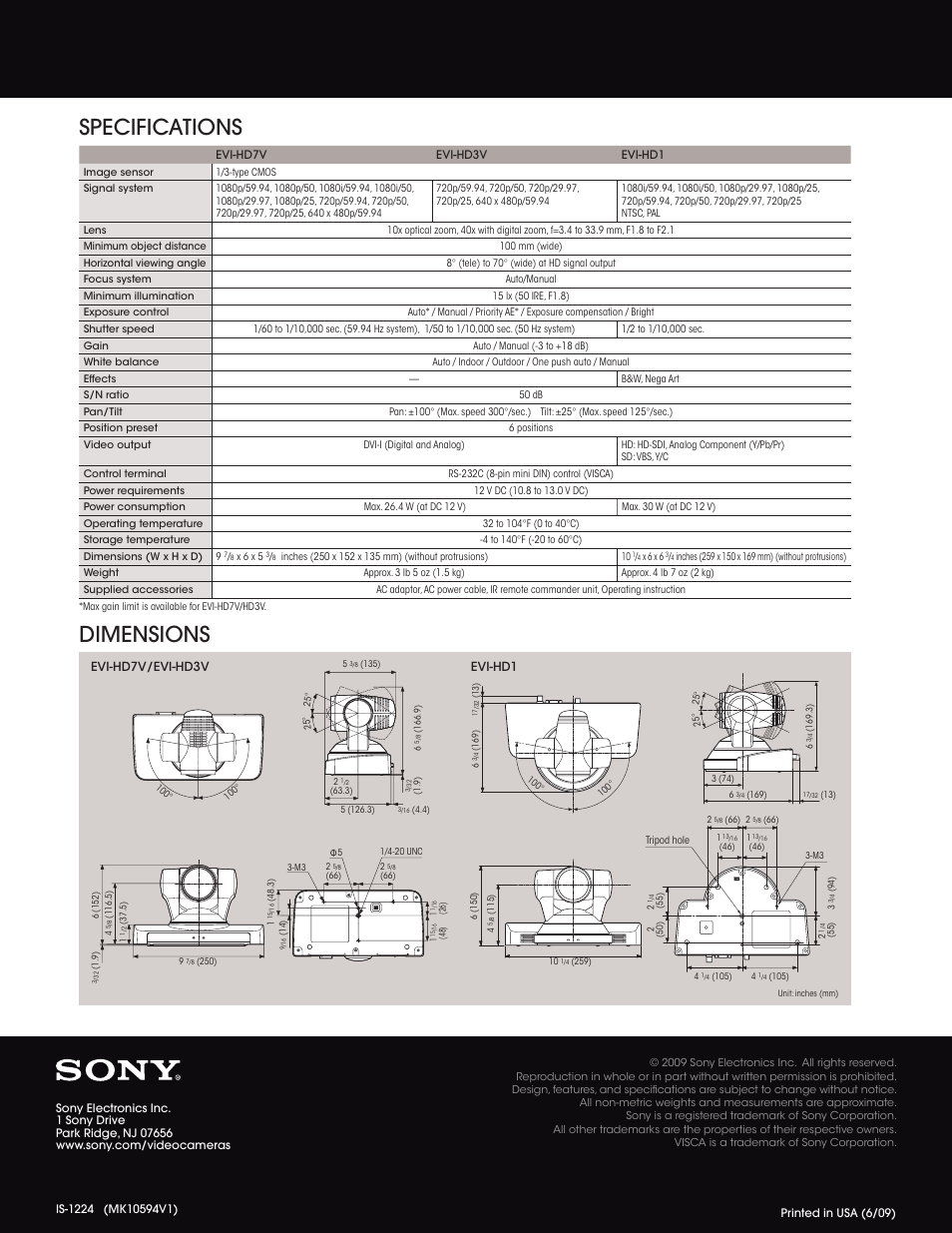 Specifications, Dimensions | Sony EVI-HD7V User Manual | Page 4 / 4