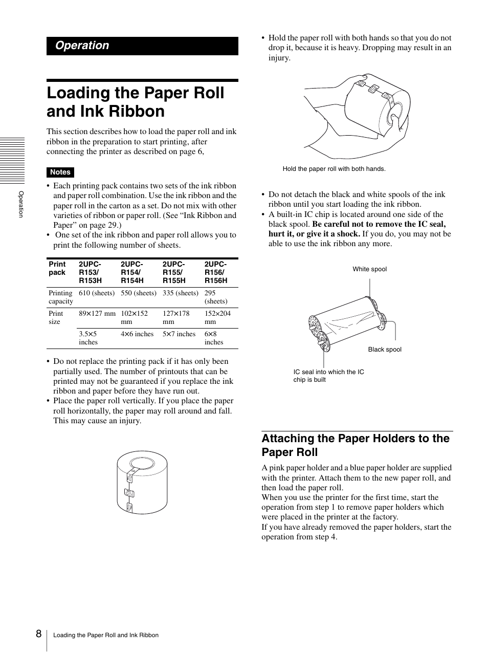 Operation, Loading the paper roll and ink ribbon, Attaching the paper holders to the paper roll | Sony UP-DR150 User Manual | Page 8 / 34